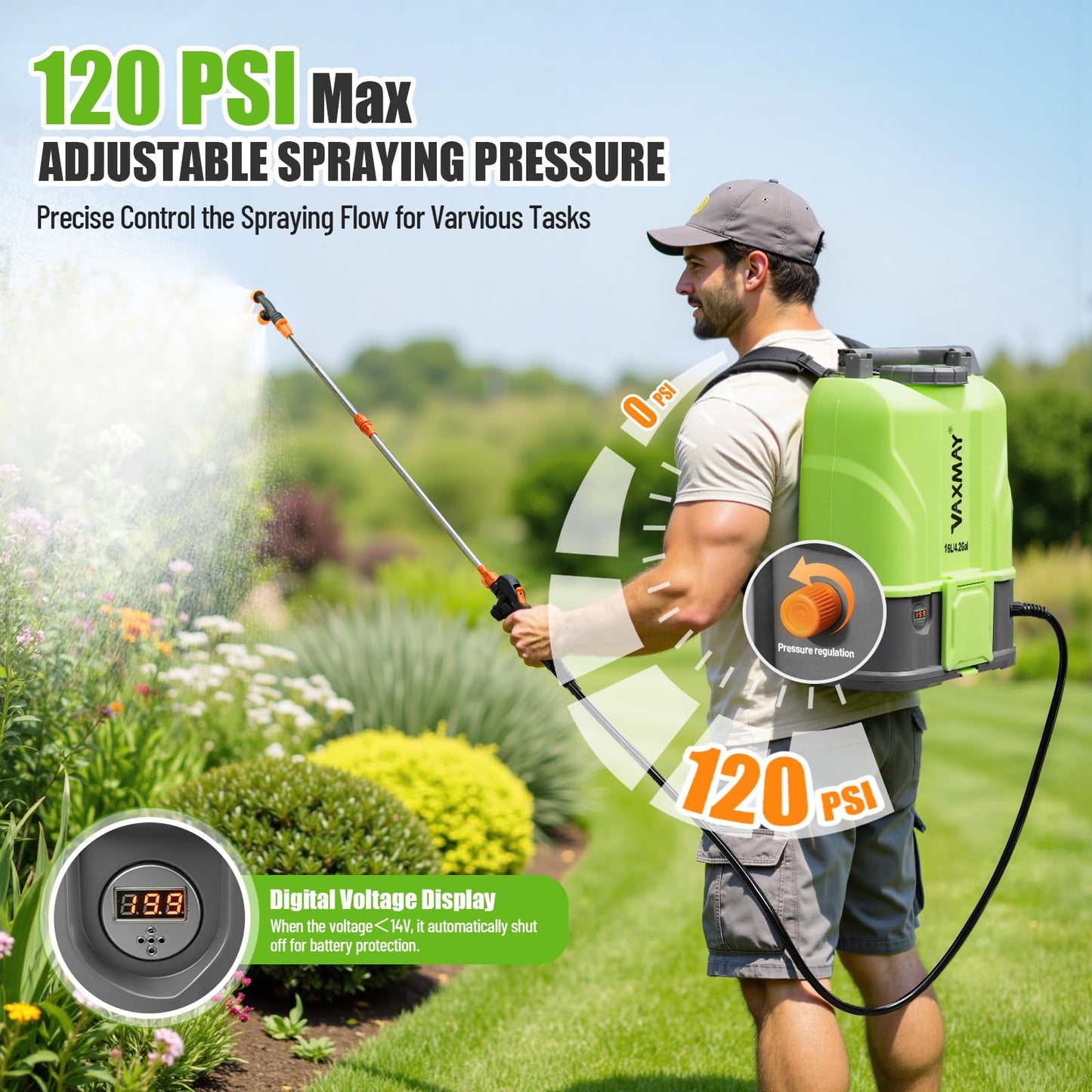 VAXMAY Battery Powered Backpack Sprayer 4.2 Gallon, 120 PSI Electric Garden Sprayer Compatible with DeWalt 20V Battery, Weed Yard Sprayer with 2 Wands, 5 Nozzles, 2.6 Ah Battery & Charger Included