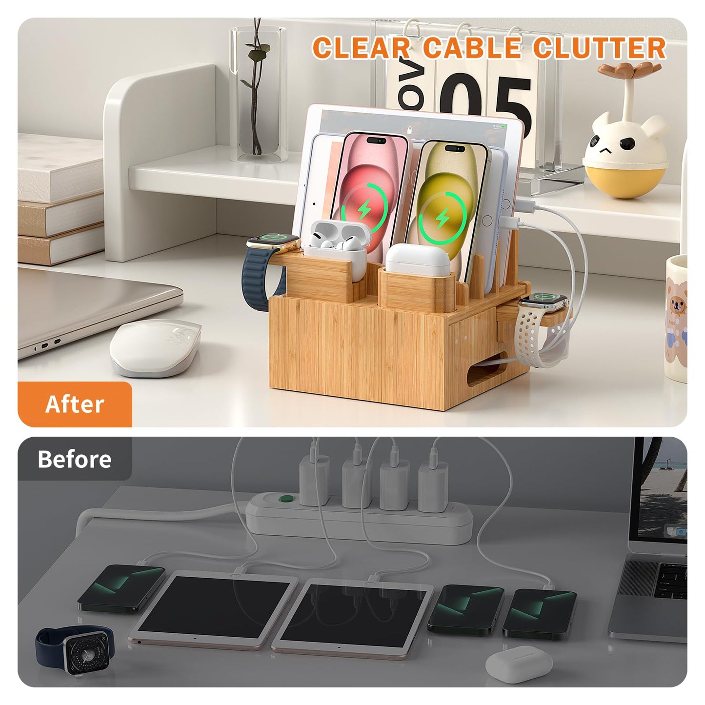 Pezin & Hulin Multiple USB Charging Station, Wooden Bamboo Dock Station for Cell Phones, Tablets, Earpods and Smart Watch, Including Power Charger HUB, 5 Cables -Natural Bamboo