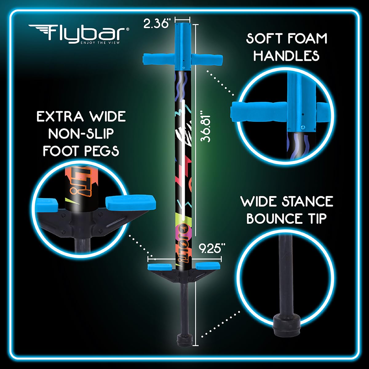 Flybar Jolt Pogo Stick for Kids, Perfect for Beginners w/Foam-Covered Metal Frame, Handles & Padding, Non-Slip Foot Pads, Wide Tip, Outdoor Active Play Toy for Boys & Girls, Ages 6+, Retro Rocket LED