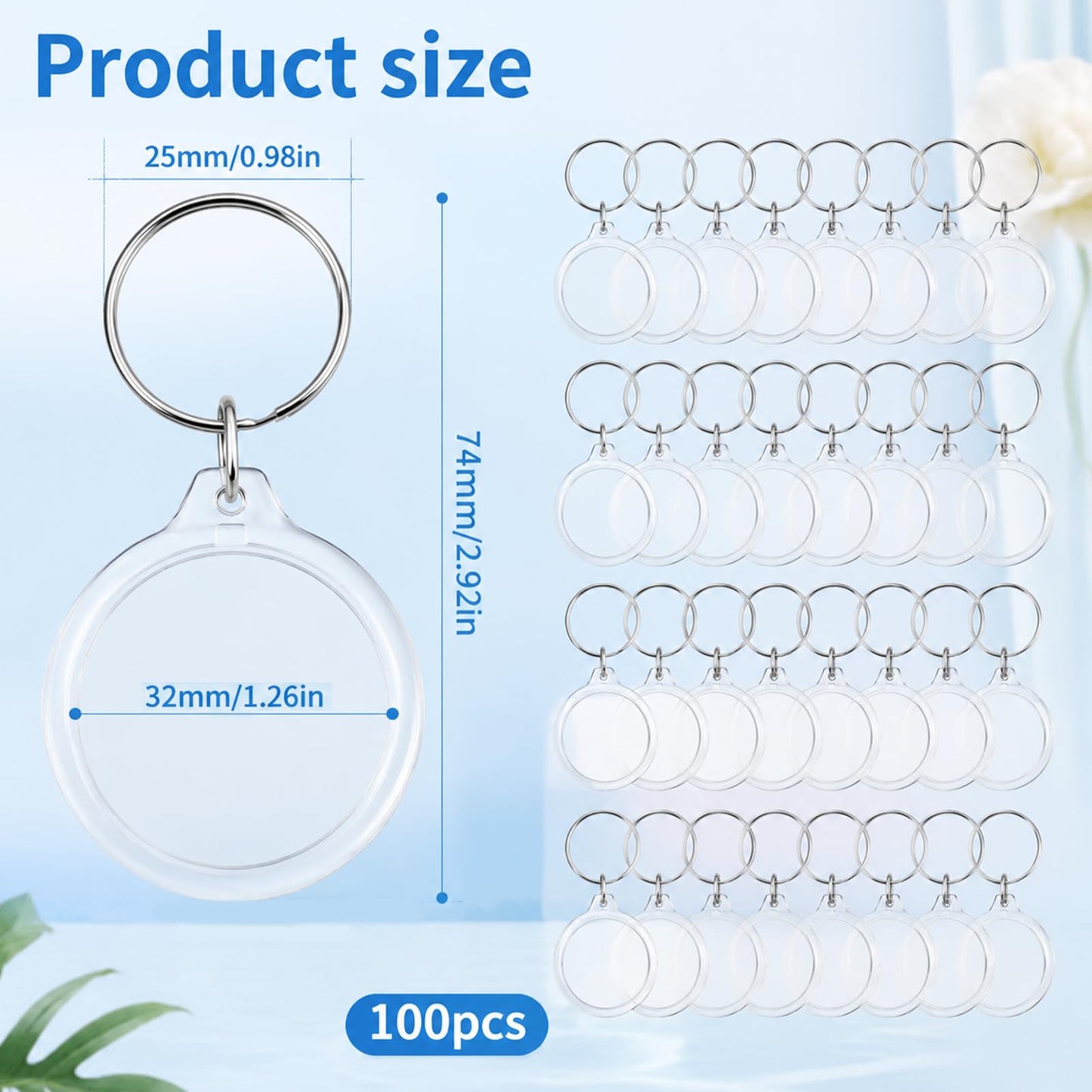 KongTiva 100 Pcs Photo Insert Keychain, Clear Acrylic Picture Keychains Round Blank Picture Frame Keyring Holder for DIY Crafts Wedding Bridal Party Favors Small Business Branding