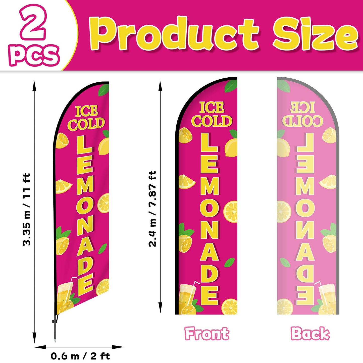 2 Sets Lemonade Feather Flag for Business Advertising 11 FT Summer Lemonade Swooper Flag Sign with Pole Ground Stake Portable Bag Windless Welcome Open Banner for Outside Garden Business Store (Pink)