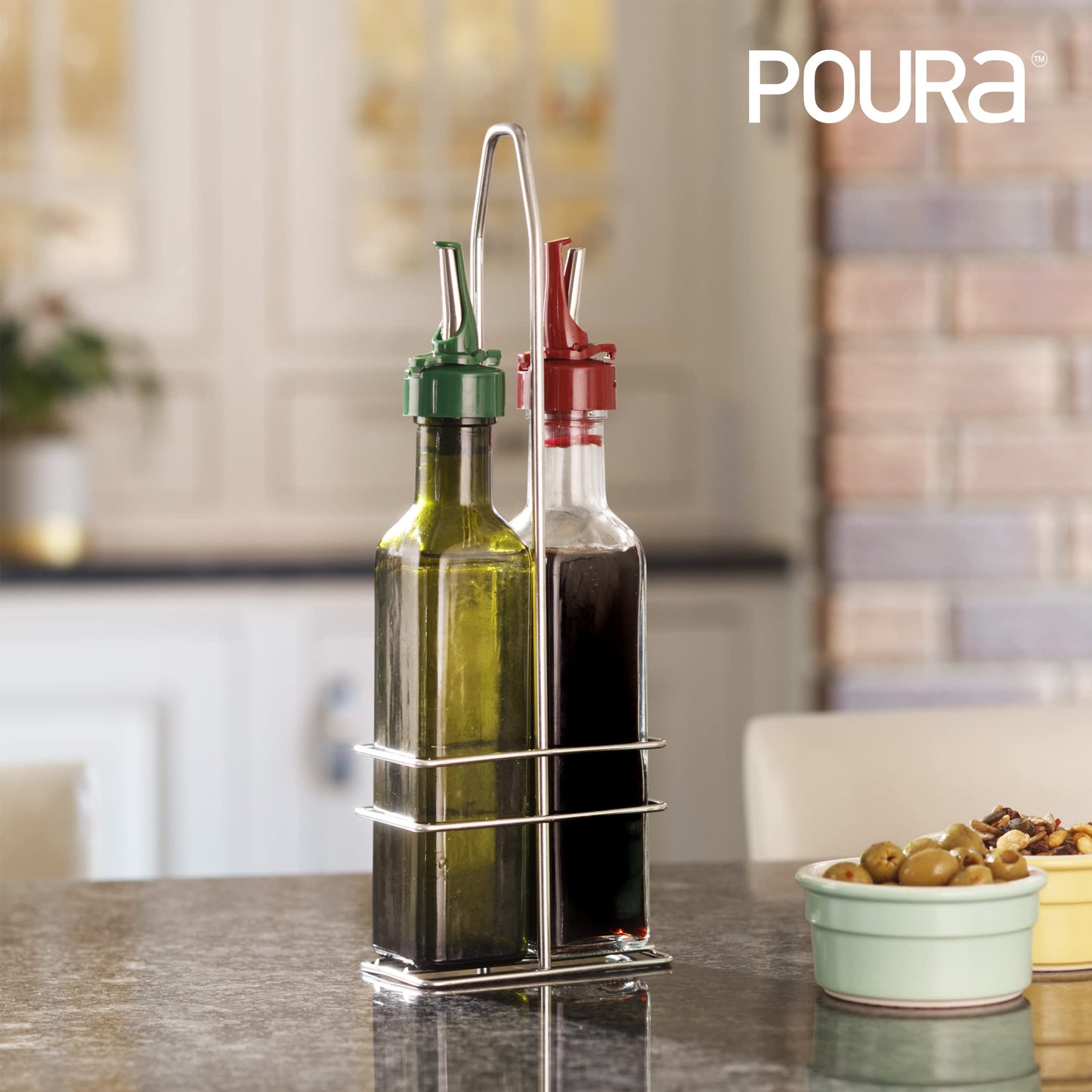 Poura Vinegar and Olive Oil Bottle Drizzler Set with ClickSeal BPA Free Pour Spouts | Glass Oil & Vinegar Dispenser Bottles for Cooking & Dining | Hygienic Covers + Silicone Decanter Funnel 500ml