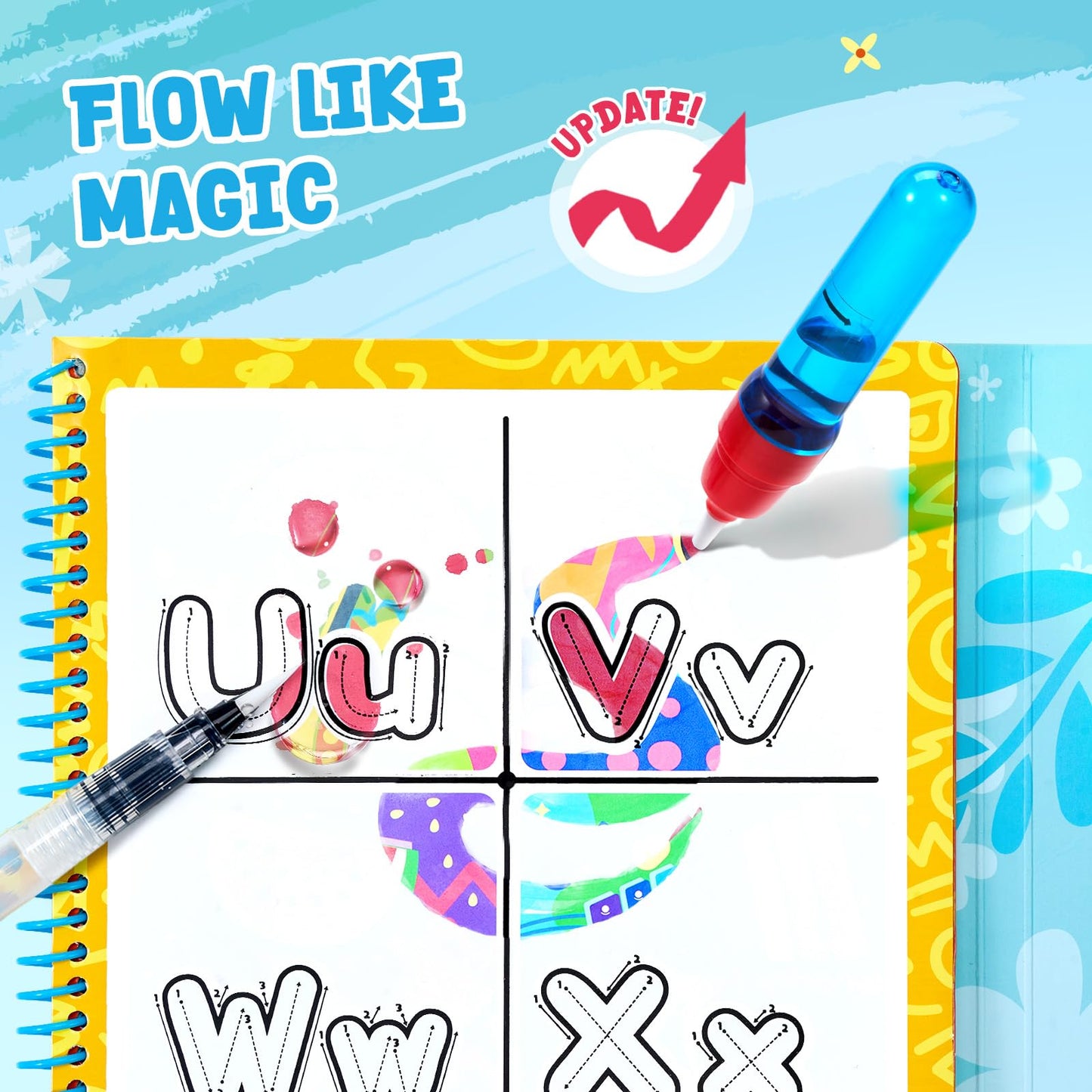 JoyCat Alphabet Water Coloring Book for Toddlers 3-5, Reusable 14 Activity Pages with Water Pen for No-Mess Drawing, Preschool Alphabet Learning Letter Tracing Toys, Toddler Boys Girls