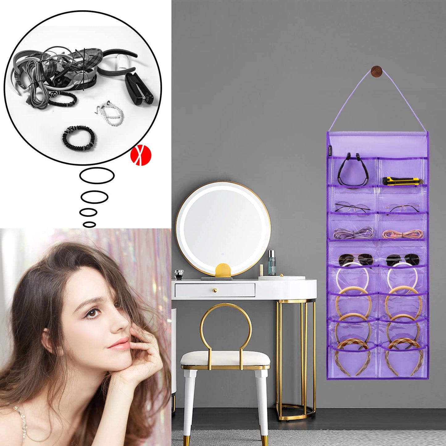 ANZORG Wall Hanging Headband Organizer Ribbon Hair Hoops Storage Hairbands Hair Accessory Holder with Clear Pockets (PURPLE-16 POCKETS)