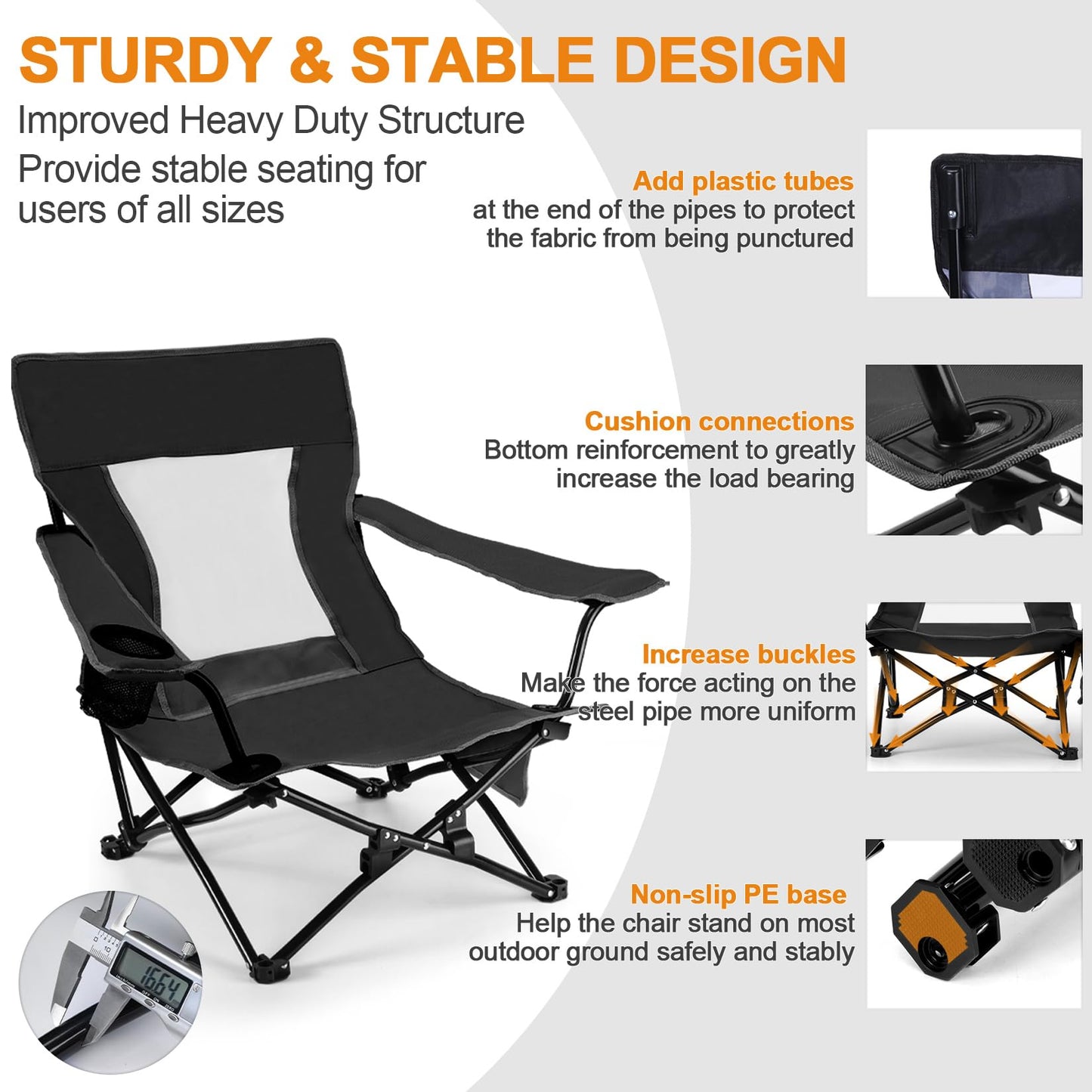 Joyfair Beach Camping Chair (2 Pack), Outdoor Folding Lawn Chair for Adults, Heavy Duty Portable Chair with Armrest for Outside Fishing, Sport, Patio, Cup Holder & Storage Pocket, Carry Bag (Black)