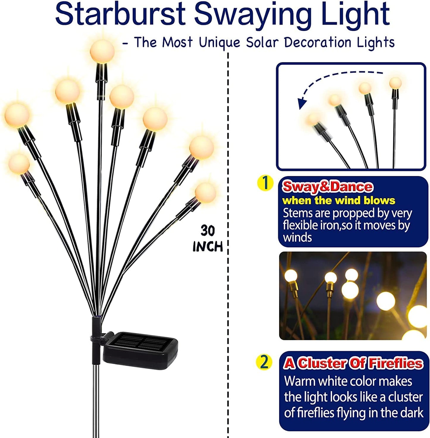 TONULAX Solar Garden Lights 6 Pack - Upgraded Solar Swaying Light, Sway by Wind, Outdoor Lights, Yard Patio Pathway Decoration, High Flexibility Iron Wire & Heavy Bulb Base, Warm White