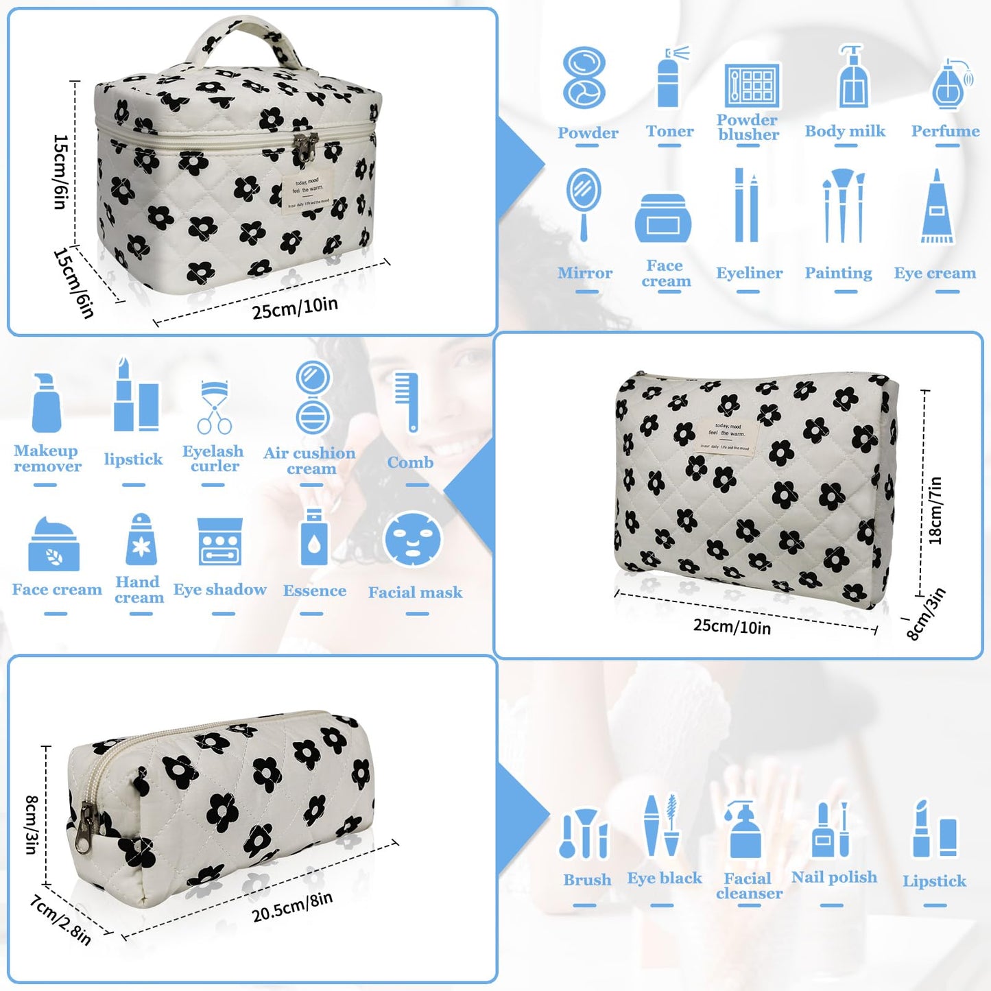 Gosect 3pc Makeup Bag Set, Quilted Makeup Bag Set, Large Floral Cosmetic Bag for Women, Cute Cotton Makeup Bags, Flower Travel Toiletry Organizer Bag (Black Flowers)