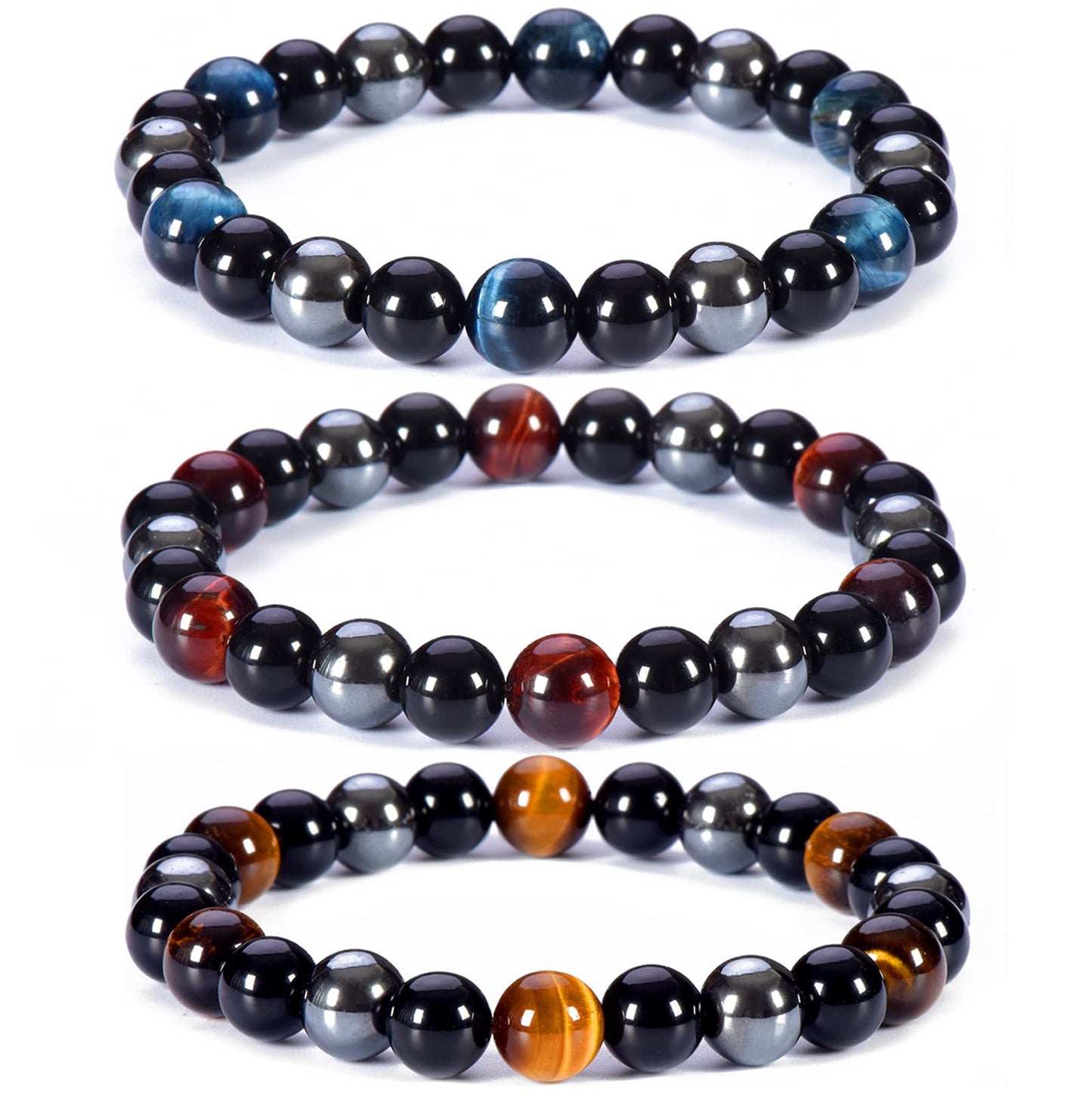 SAMXY Triple Protection Bracelet, 8mm Healing Crystal Bead Bracelet, 3pcs Blue Red Tiger's Eye Obsidian Hematite Bracelet Women Men