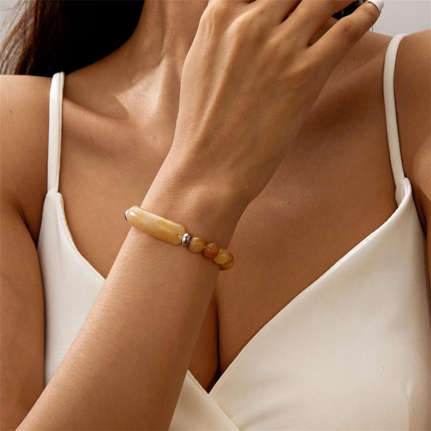 QLYOVWE Link Pheromone Bracelet for Women Pink Love Rose Quartz Pheromone Bracelet 8mm Healing Crystal Beads Stretch Bracelet Handmade Good Luck Energy Chakra Stone Beaded Bangle Bracelet (Yellow)
