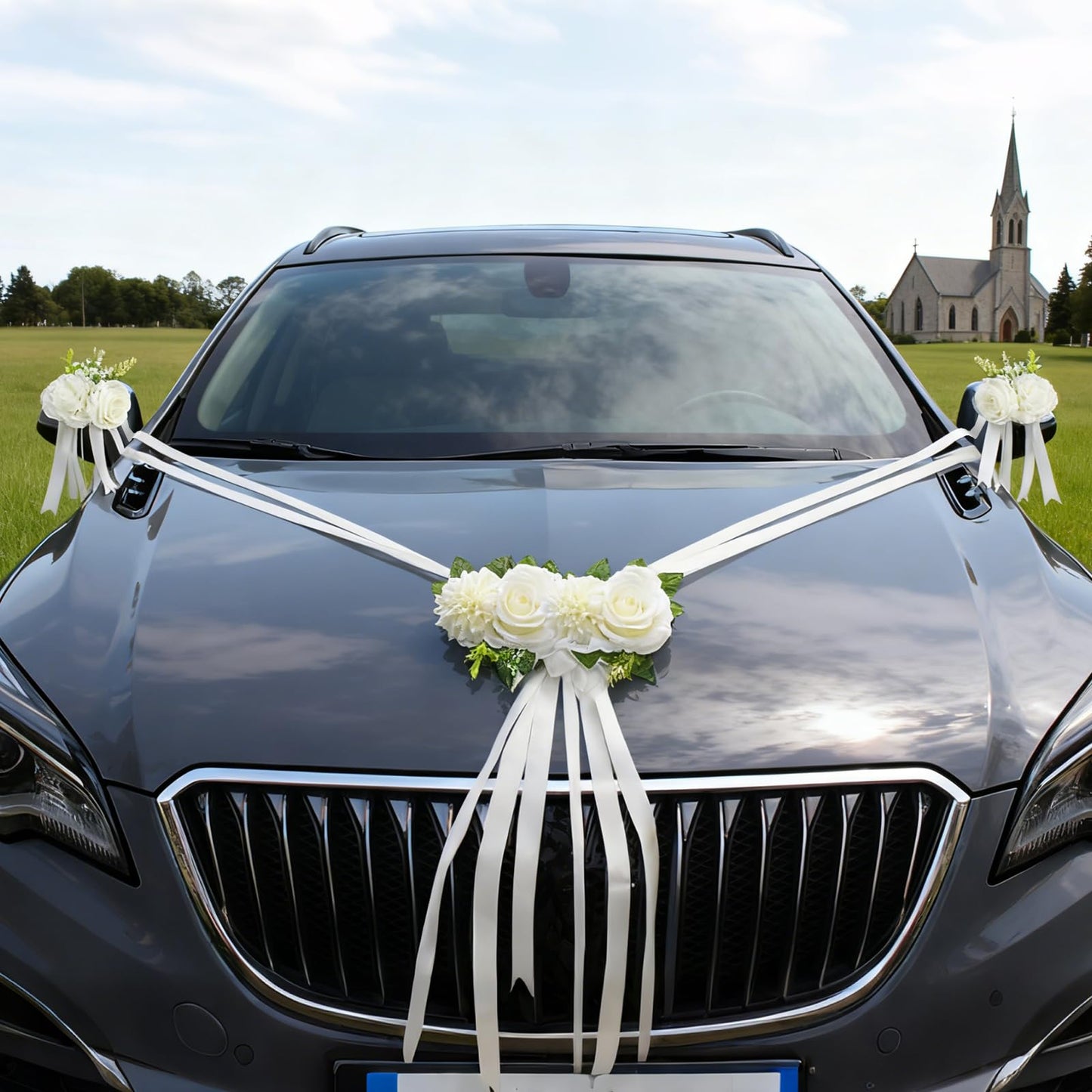 CusDusk White Wedding Car Decoration Kit – Floral Hood Arrangement, Side Mirror Flowers, Satin Ribbons & Door Handle Bows Tapes for Bridal Weddings Vehicles