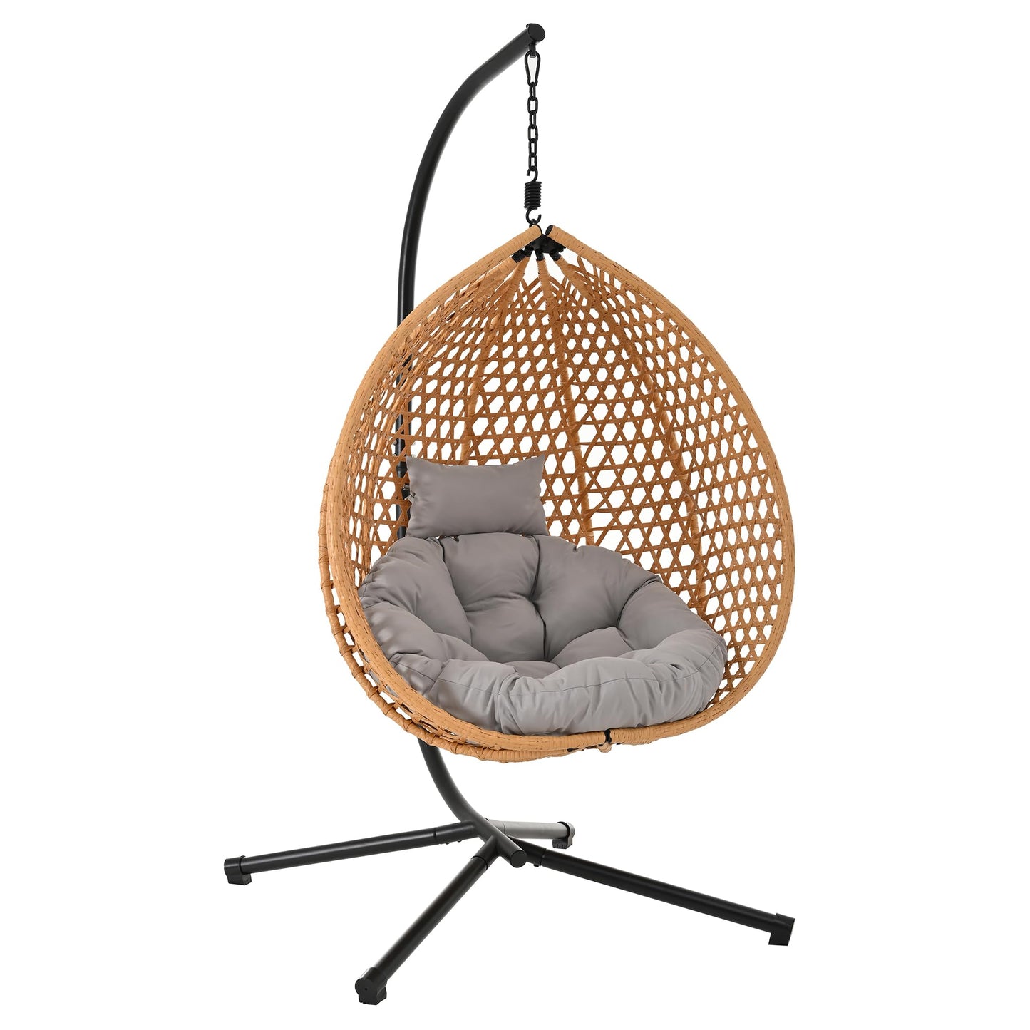 GDFStudio Hammock Chair with Stand, Rattan Weave Hanging Egg Chair with Cushion, Iron Frame Swing Ceiling Chair for Indoor Outdoor Patio Balcony Porch Garden, Patio Furniture, 330lbs, Brown+Gray