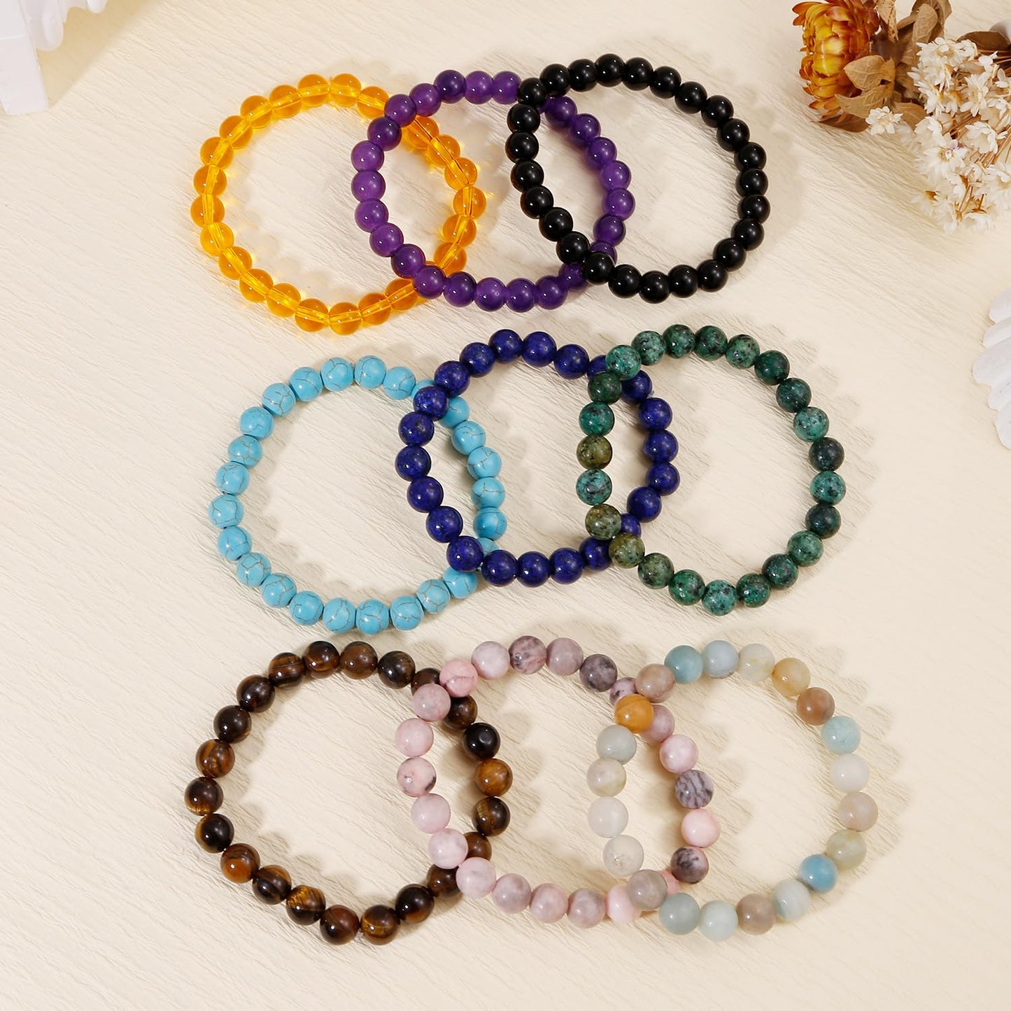 COLOYAN 9PCS Healing Crystal Bracelets for Women Men 8mm Natural Stone Beaded Stretch Bracelet Handmade Reiki Spiritual Jewelry