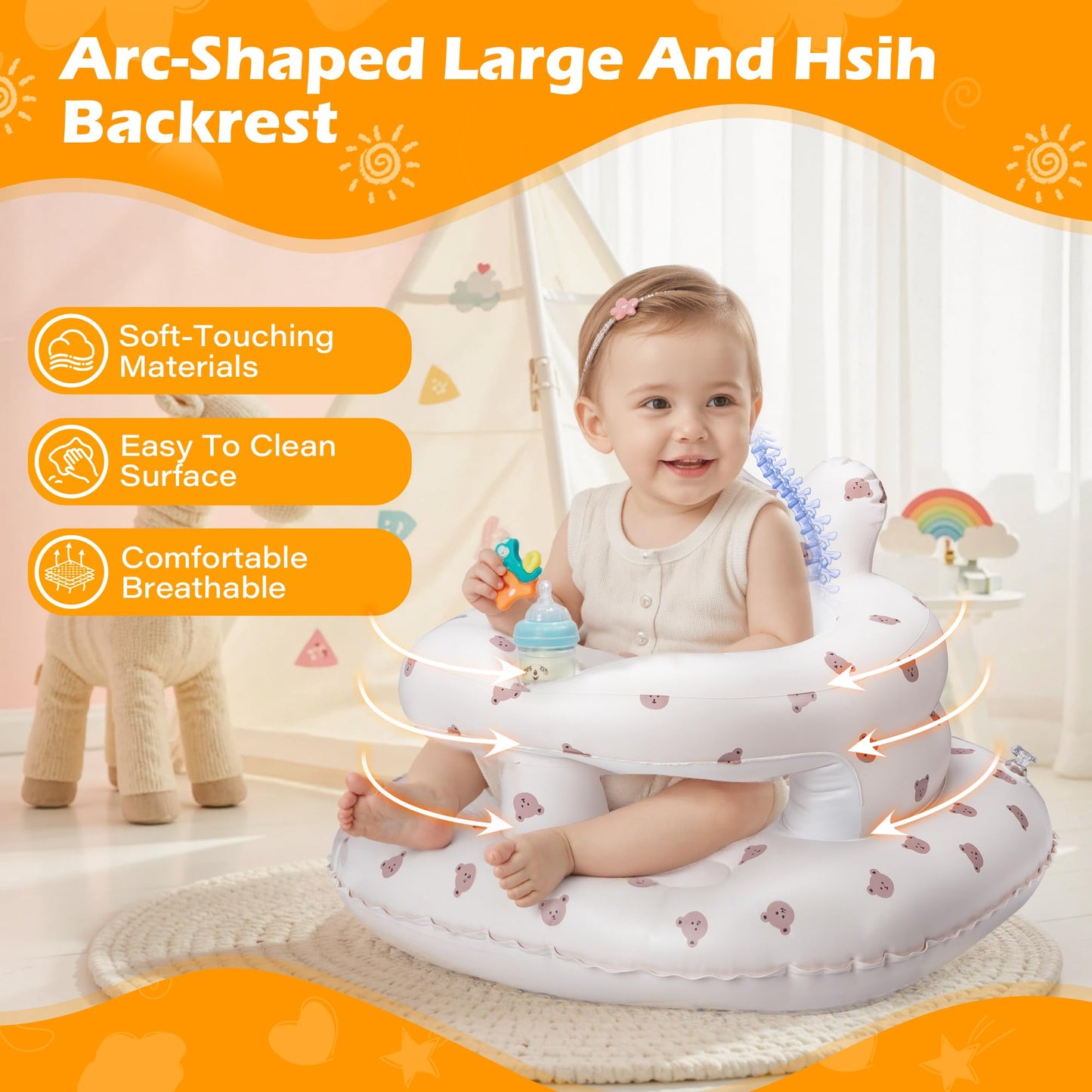 Inflatable Baby Seat for Babies 3–36 Months, Aloxina Sit Me Up Floor Chair with Built-in Air Pump, Extra-Wide Base & Anti-Tip Support, Infant Chair for Sitting & Feeding – Bear