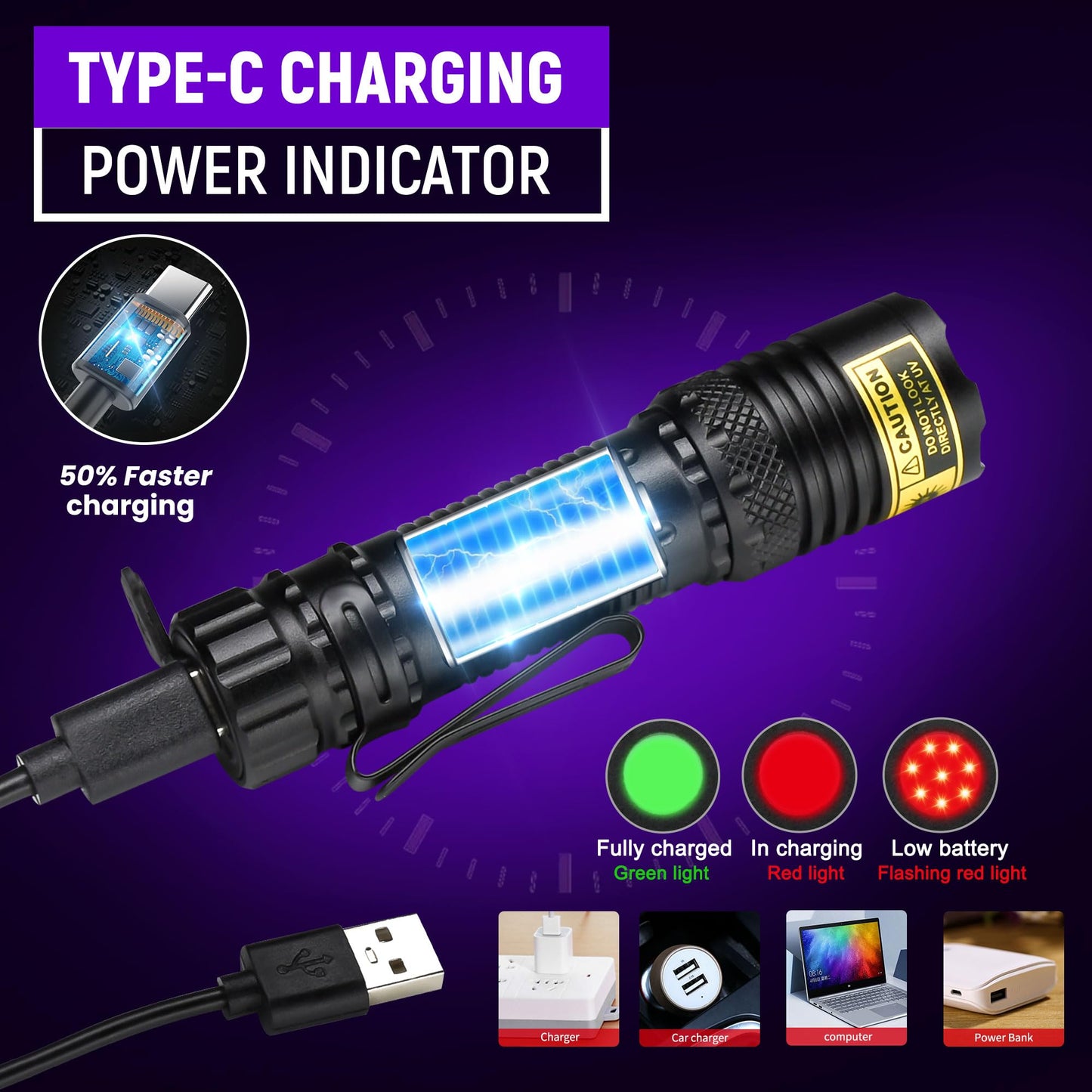 VMTENMV UV Flashlight Black Light, USB-C Rechargeable 395nm Blacklight Mini, Portable Handheld Powerful LED Ultraviolet Lights Flashlights, for Resin Curing, Uranium Glass, Pet Dog Urine Detection