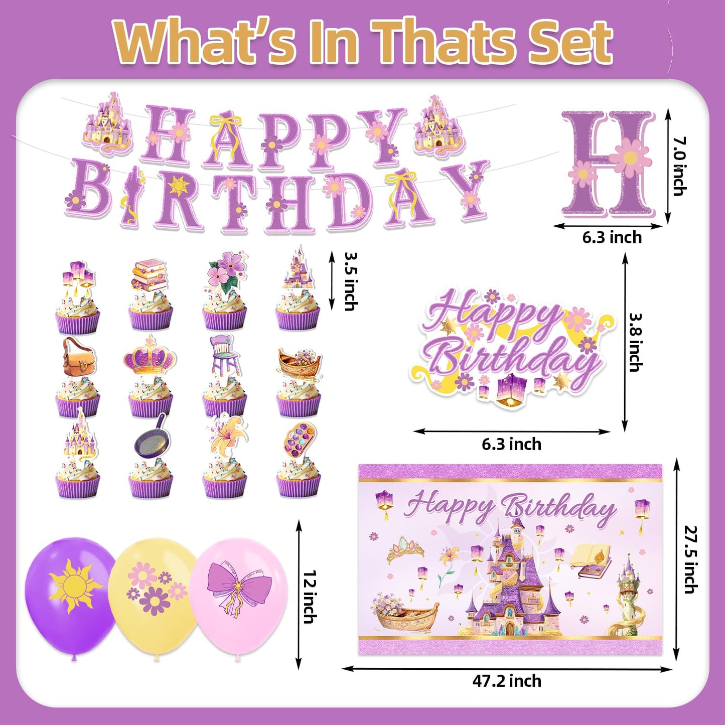 42pcs Purple Castle Birthday Party Decorations Includes Cake Toppers,Cupcake Toppers, Banner, Backdrop, Balloons - Princess Theme Party Supplies Set for Baby Shower
