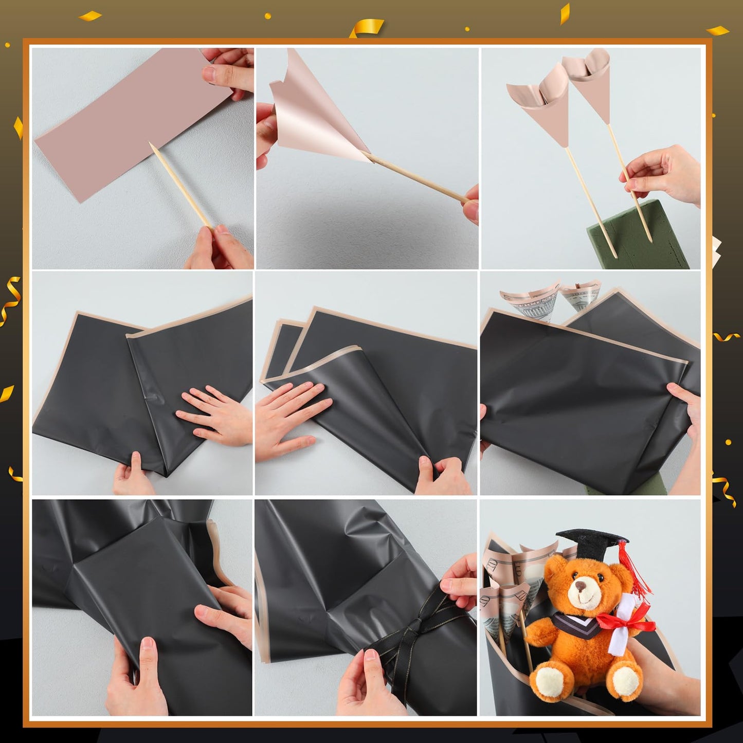 Suncalla 119 Pcs Graduation Gifts Money Bouquet Kit Class of 2026 Black Gold DIY Flower Wrapping Paper DIY Bouquet with Congrats Grad Card for Middle High School College Women Men