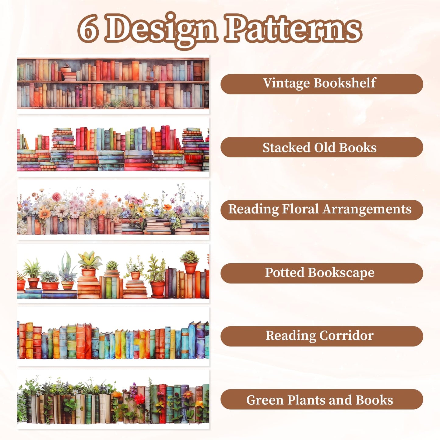 6 Rolls Book-Themed PET Tape, PET Tape Stickers for Journaling, Library and Nature-Inspired Floral washi Stickers Book Journal Supplies for DIY Crafts, Gift Wrapping, Scrapbooking and Journaling