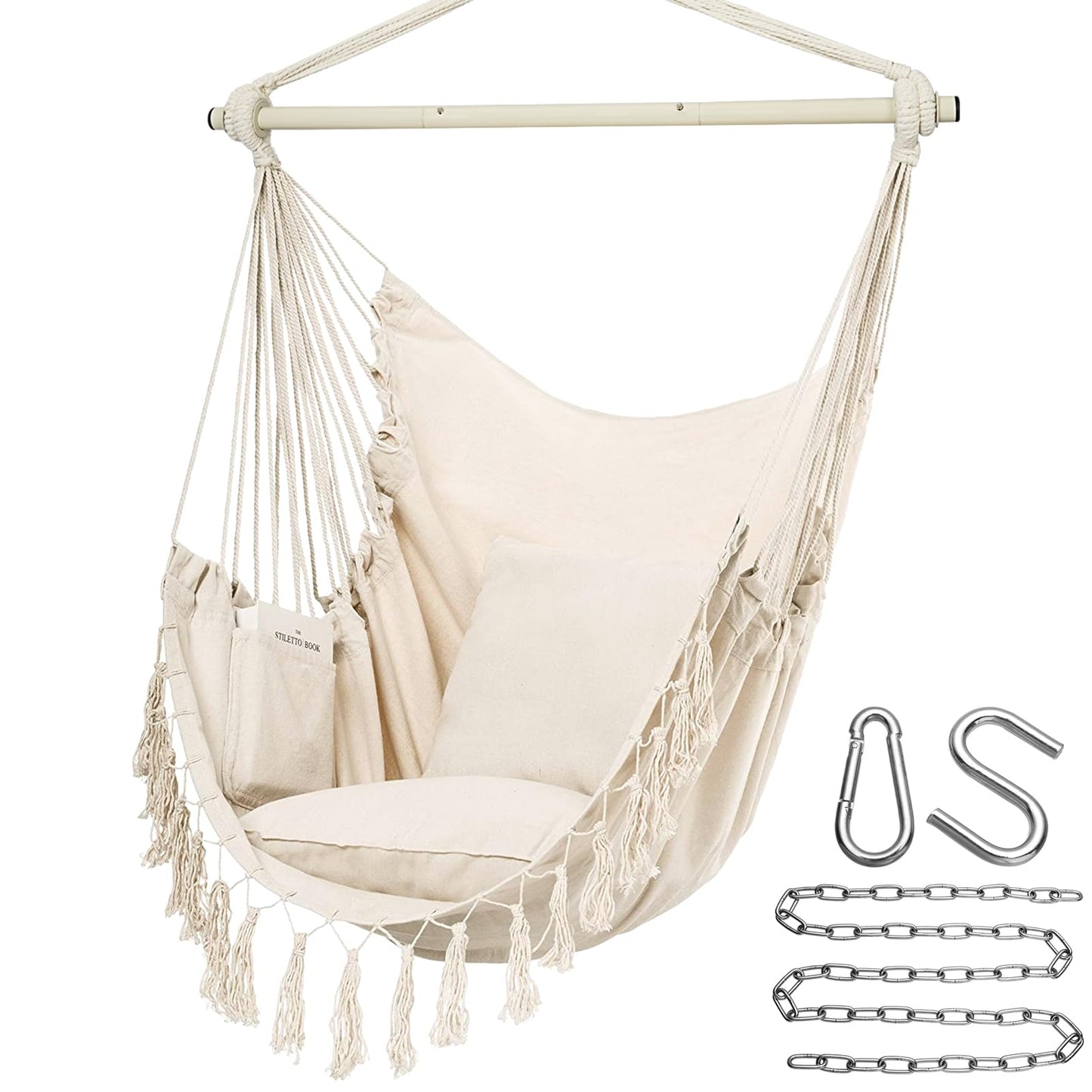 Y- STOP Hammock Chair Hanging Rope Swing, Max 500 Lbs, 2 Cushions Included, Large Macrame Hanging Chair with Pocket for Superior Comfort, with Hardware Kit (Beige)