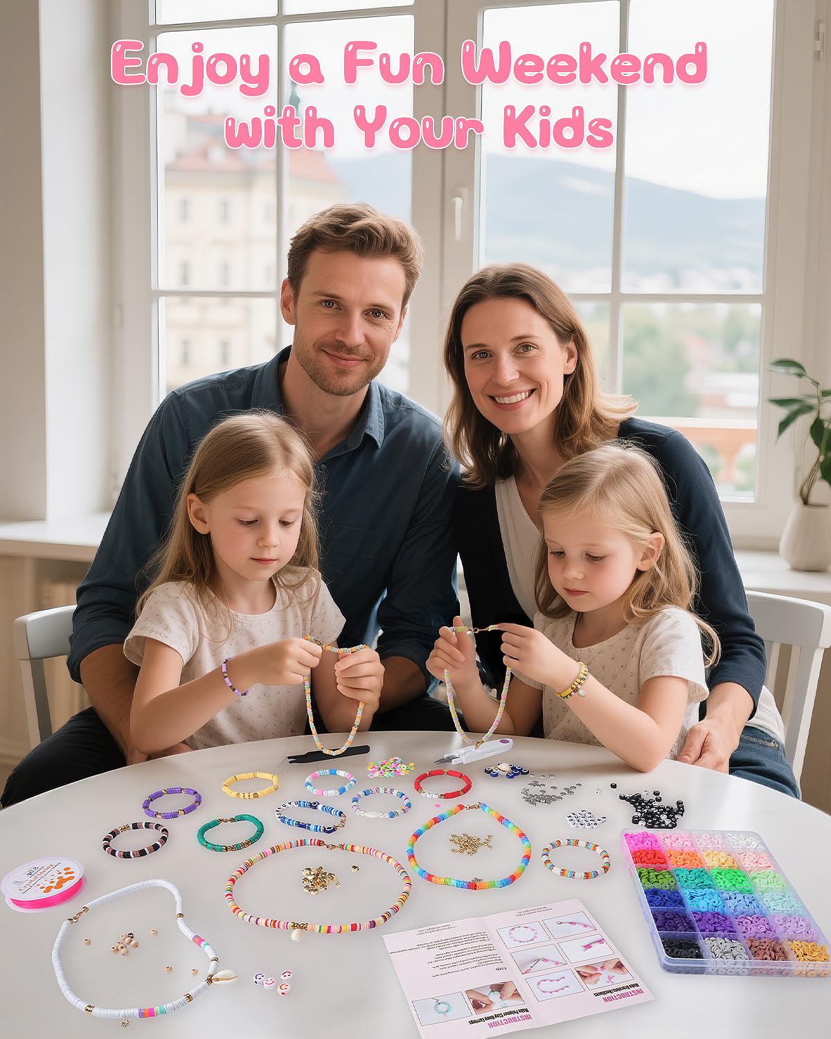 Mio Angle Clay Beads 2 Boxes 24 Colors Bracelet Making Kit, Round Letter Beads with Charm and Elastic Strings, Friendship Bracelets Holiday Gifts for Girls Adults
