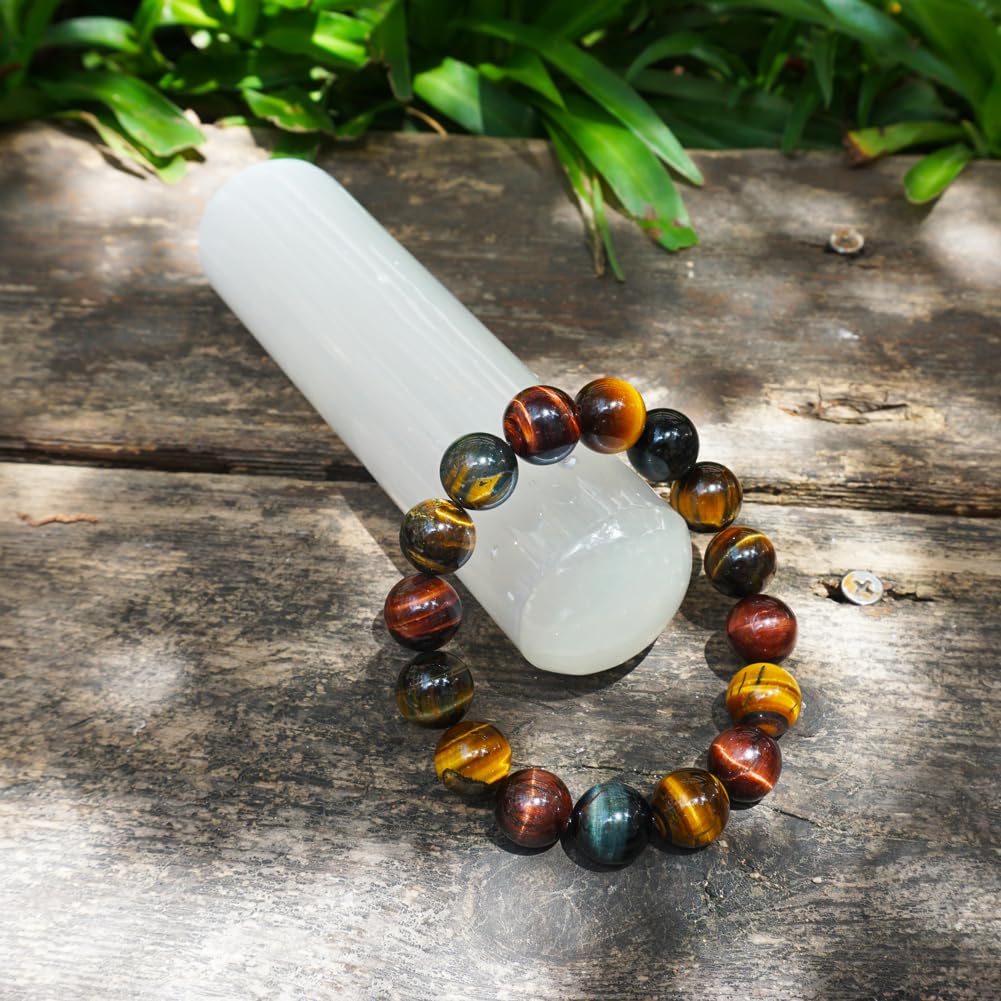 TaHLga Mixed Tigers Eye Mens Bracelet 14MM | Mixed Red Gold Blue | Fits for About 8" XLarge Wrist | Natural Solar Plexus Chakra Gemstones | Bring Luck Wealth Courage | Protection from Evil | Gift