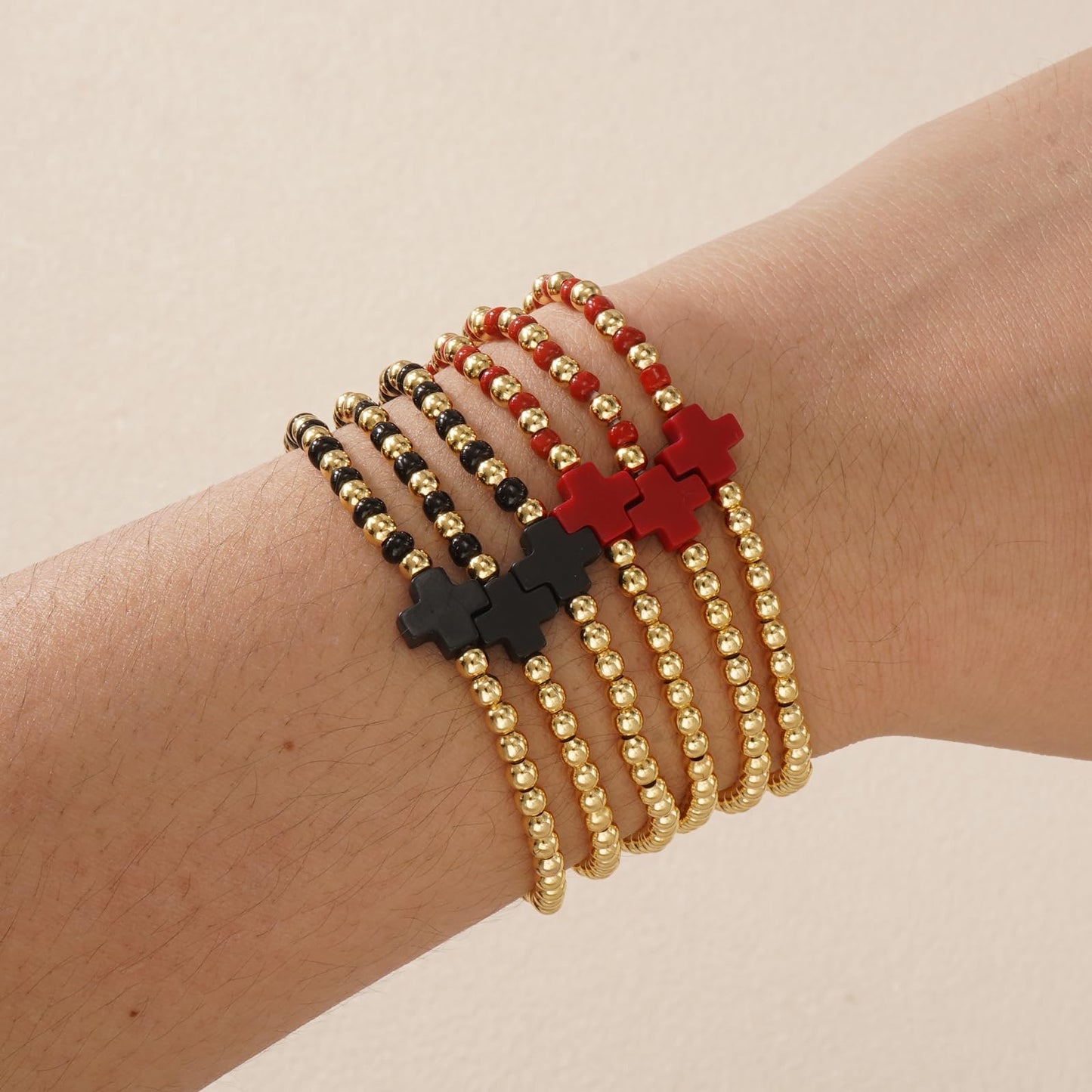 Bohxantium Gold Beaded Bracelets for Women Stackable Boho Gold Plated Red Black Seed Beads Ball Cross Bracelets Stack Elastic Stretch Trendy Jewelry Accessories Non Tarnish Friendship Christian Gift