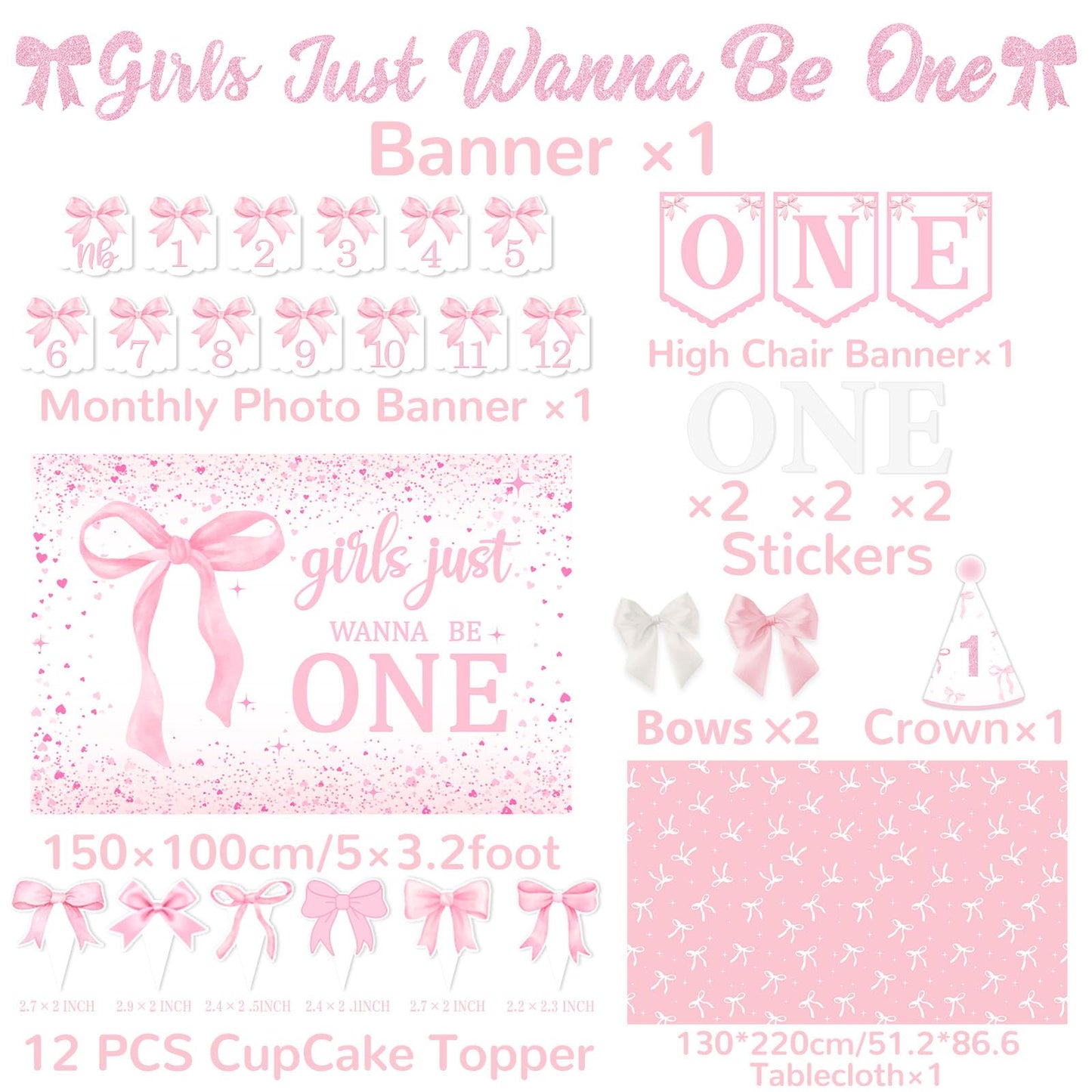 Pink Bow 1st Birthday Decorations, Girls Just Wanna Be One Birthday Decorations Kit Include Pink White Balloon Arch,Backdrop,Banner,Balloon Boxes,High Chair Banner,Bow Tablecloth,Bow Cupcake Toppers