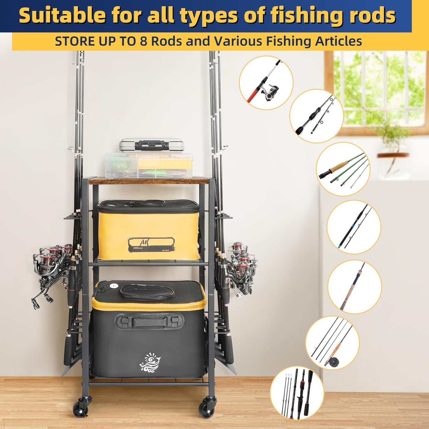 Olakee Fishing Rod Holder Cart for Garage & Home – Rolling Fishing Pole Organizer with Wheels, Holds 8 Rods, Tackle Storage Rack for Entryway, Corner, Gift for Men & Dad Anglers
