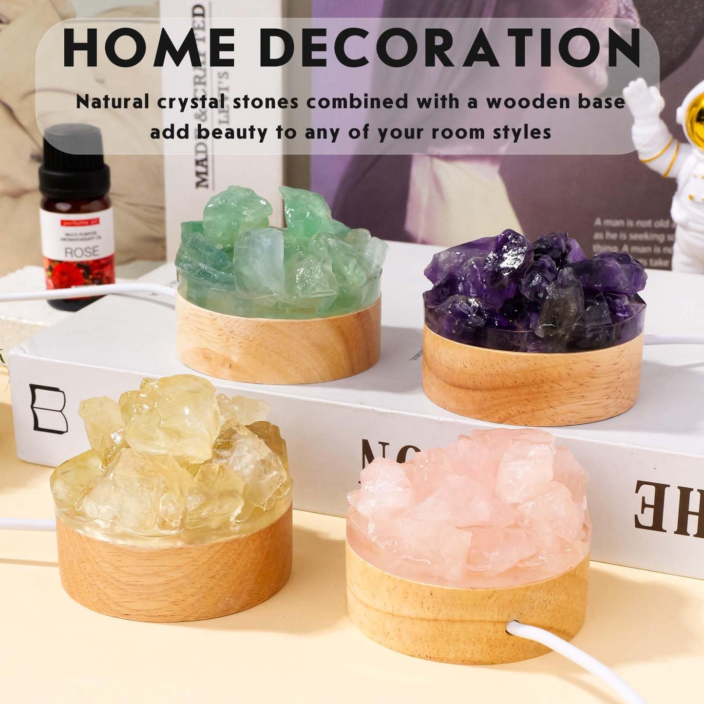 Runyangshi Citrine Money Night Light with Natural Raw Crystal - USB Powered Abundance Lamp for Office Desk, Wealth, Success, Healing Crystal Decor with Wood Base, Gift Idea