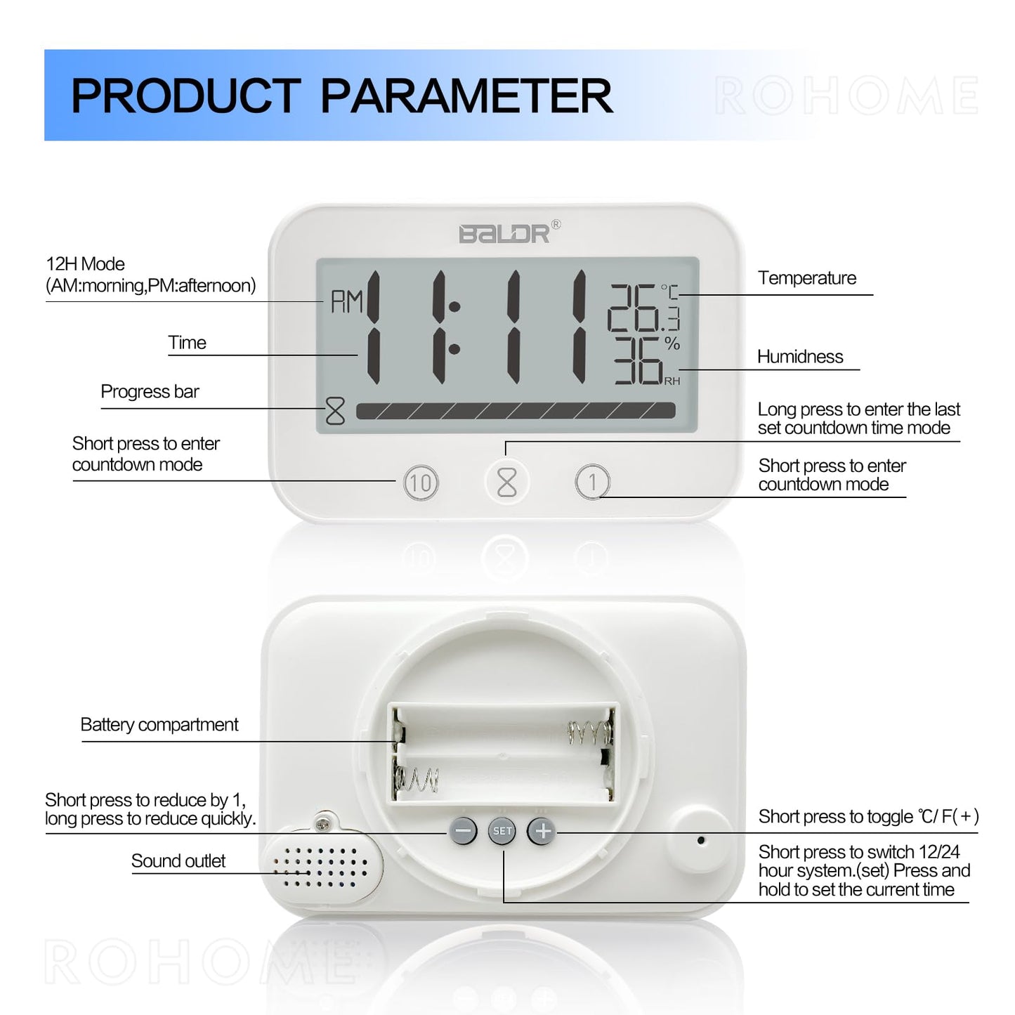 Rohome Waterproof Wall Hanging Timer Bathroom Clock, Large Digital Shower Mirror Suction Clock Thermometer Hygrometer, Visual Kitchen Cooking Countdown Timer, Bath Temperature Humidity Meter (White)