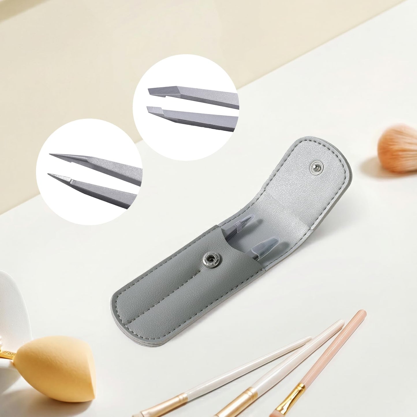 Velodios Tweezers for Eyebrows, Pointed Tweezers for Women Facial Hair, Ingrown Hair Removal, Slanted and Pointed Tip Tweezers Set with PU Travel Case, Premium Stainless Steel