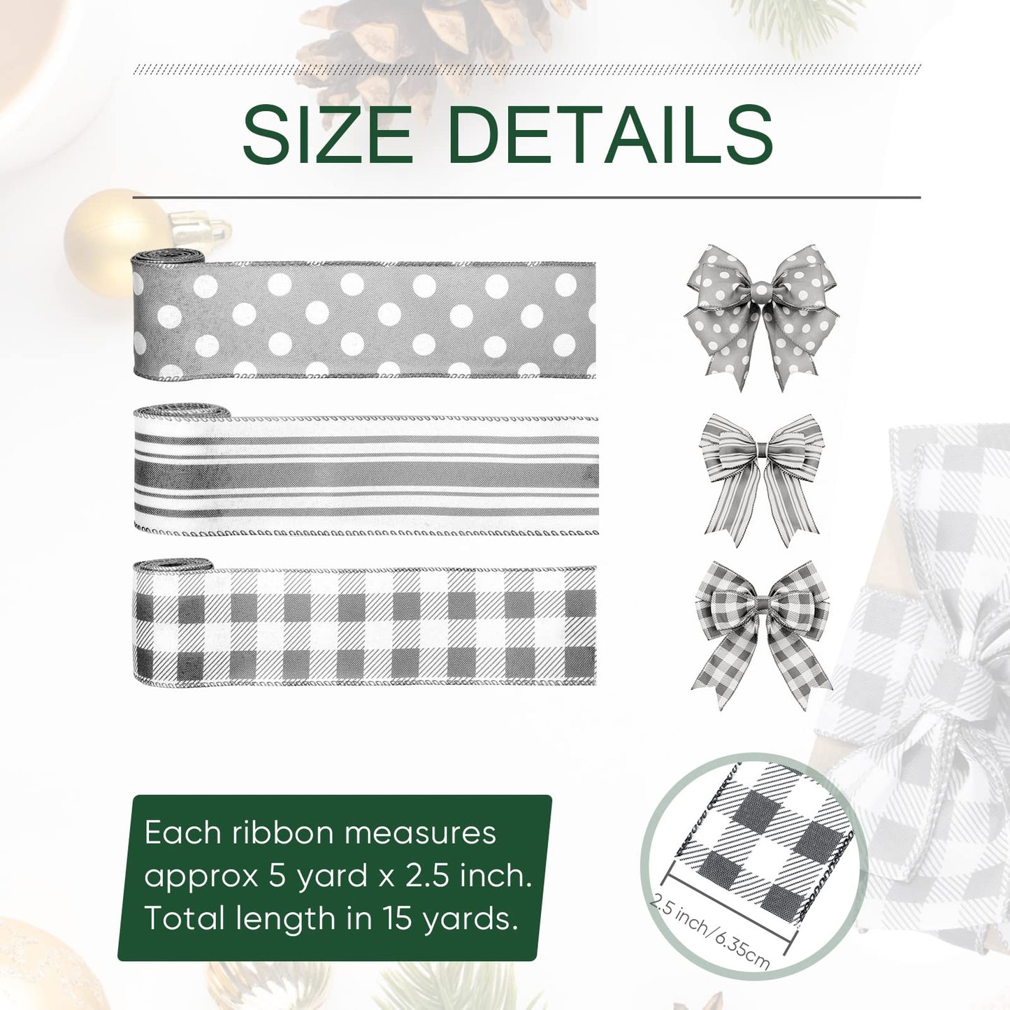 Moukeren Grey Wired Edge Plaid Ribbon 3 Rolls 2.5 Inch Farmhouse Buffalo Check Gray Ribbon Polka Dot Striped Belt Buffalo Plaid Belt Wire Decor for DIY Crafts Gifts Wreath Bow, 15 Yards