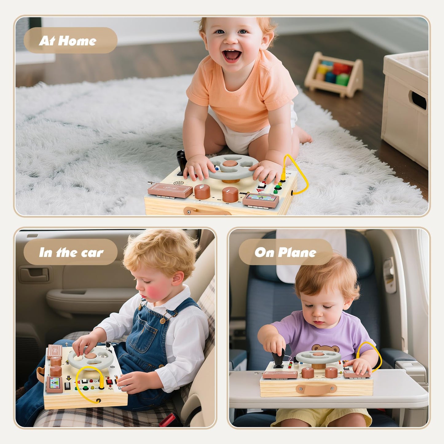 Joyreal Toddler Busy Board with LED Lights, Steering Wheel, Sounds, Montessori Toys for 1+ Year Old, Fidget Board Sensory Travel Toy, Gifts for Boys and Girls