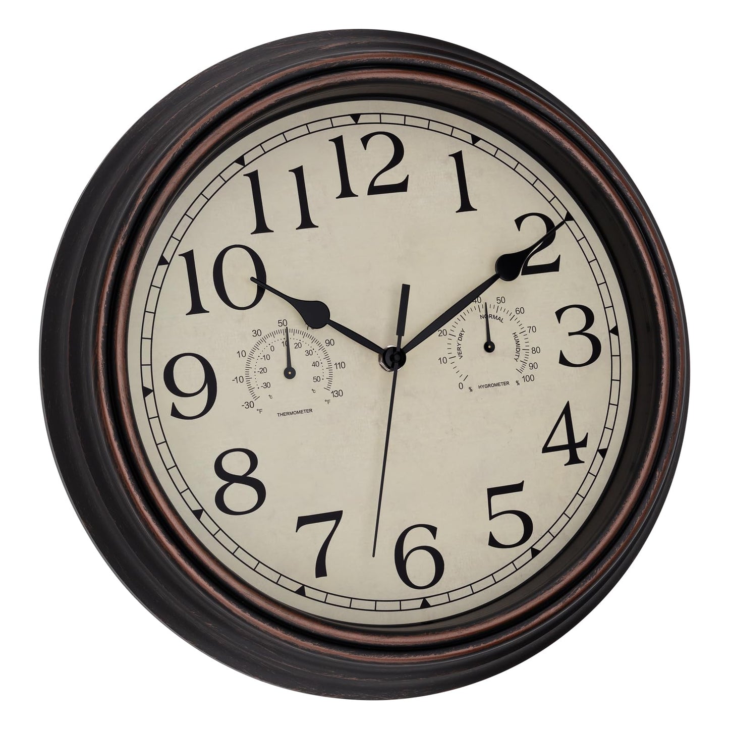 Foxtop Indoor Outdoor Waterproof Wall Clock with Thermometer and Hygrometer Combo, 14 Inch Retro Silent Non-Ticking Battery Operated Quartz Round Outdoor Clocks for Patio Home Office (Bronze)
