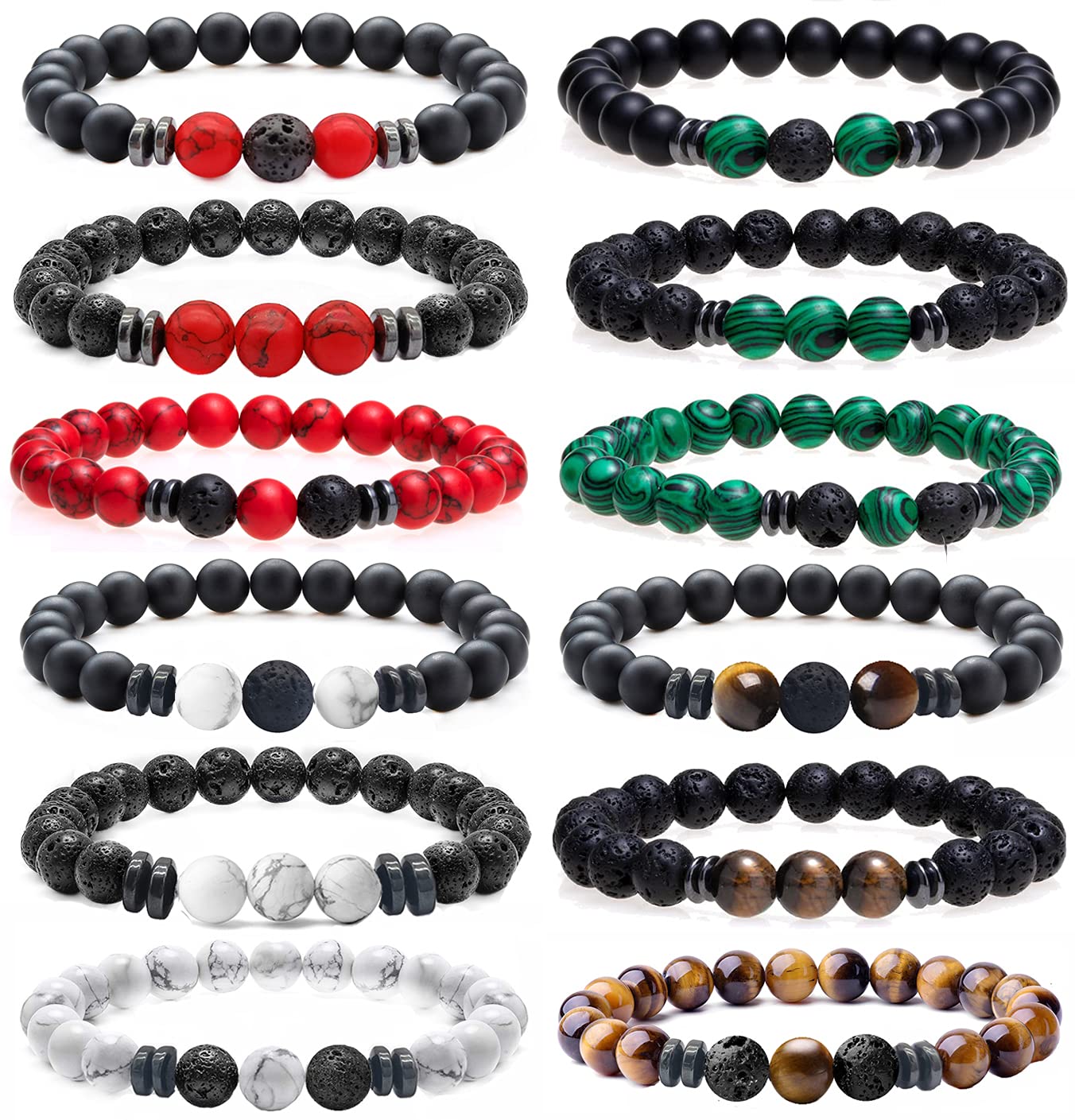 MOZAKA 12Pcs 8mm Natural Stone Lava Rock Beaded Bracelets for Men Women Tiger Eye Hematite Black Onyx Matte Beads Essential Oil Diffuser Lava Stone Bead Bracelets Bulk (12Pcs-B)
