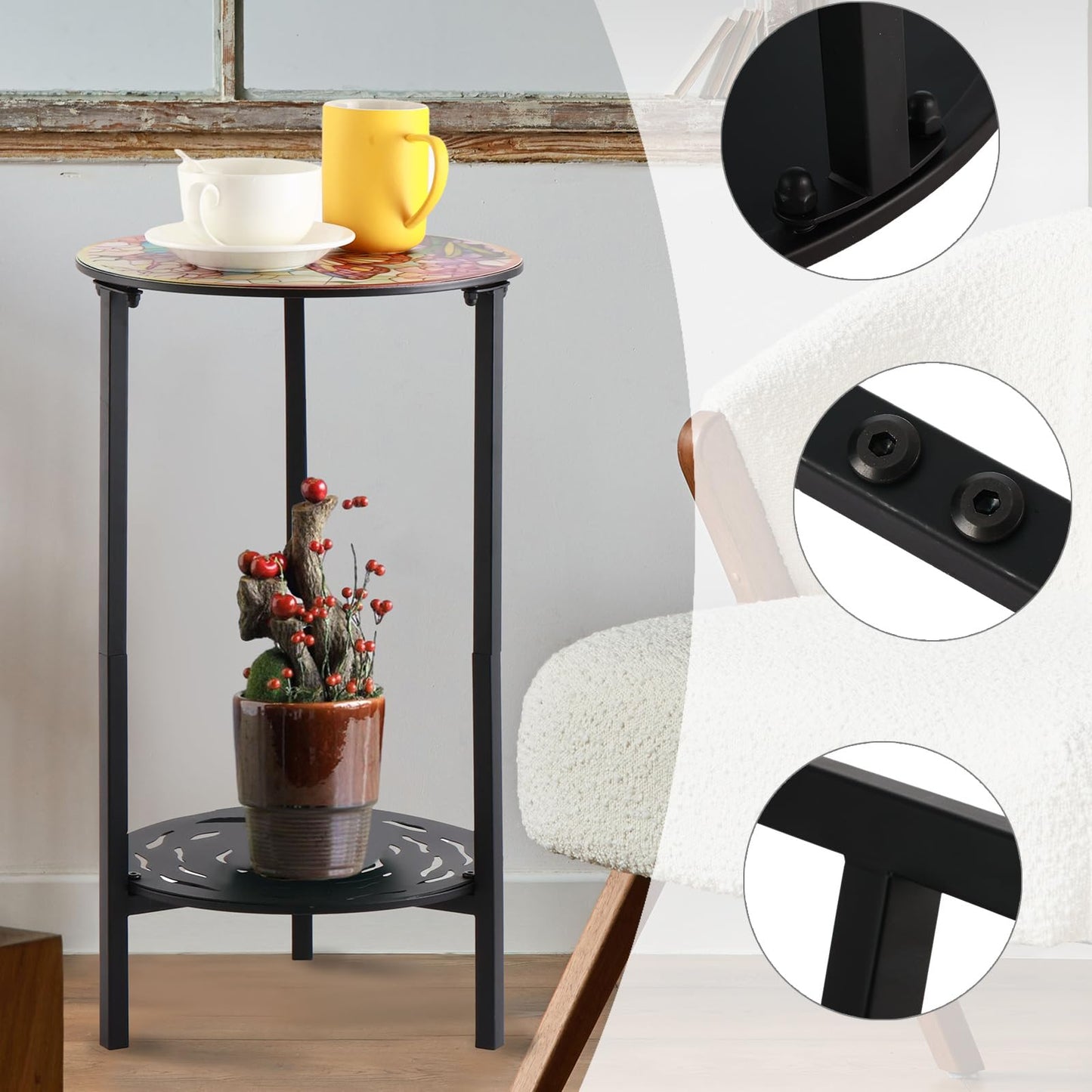 lucpur 2-Tier Metal Round Side Table Black Accent Coffee Tables Small Space Corner Plant Stand Shelf for Indoor Outdoor Use Patio Balcony End Table Butterfly Print Weather-Resistant