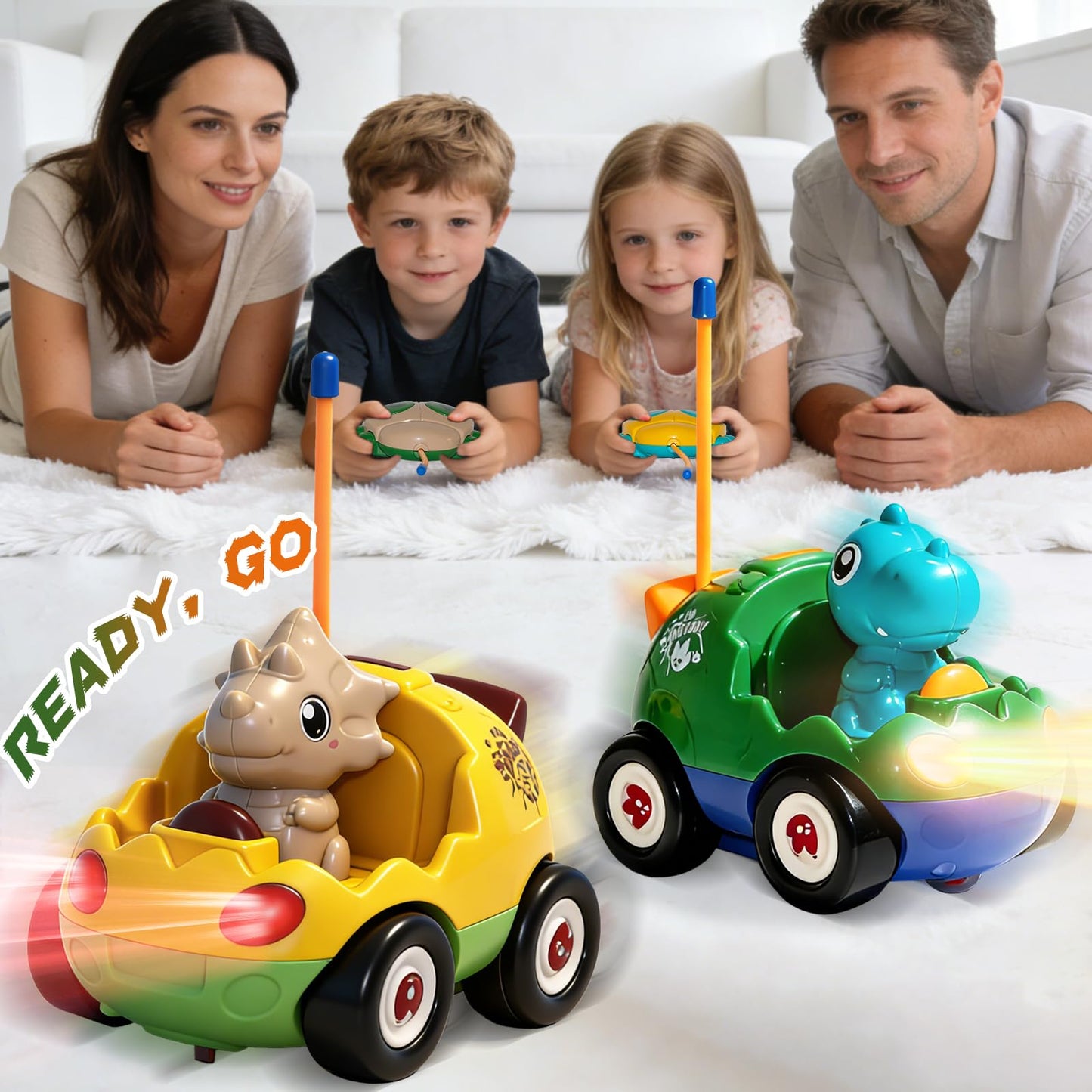 TOPLIVING 2-Pack Remote Control Dinosaur Car Toys for Toddler Ages 18+ Months, 2 3 4 5 Year Old, Dino RC Vehicle with LED Lights, Music, Christmas Birthday Gift for Boys & Girls