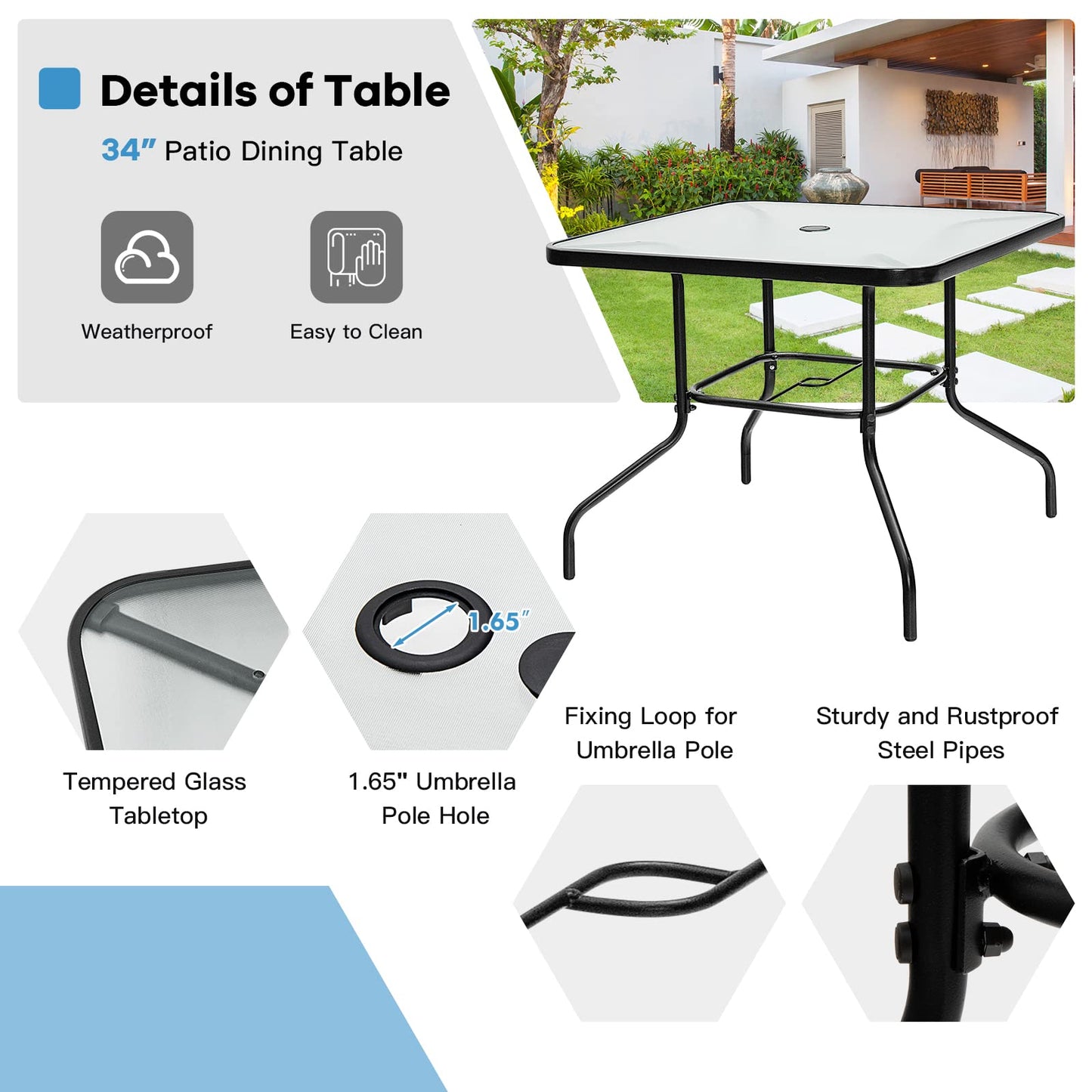 Giantex 35" Patio Table for 4 Persons, Metal Square Dining Table W/Tempered Glass Tabletop & Umbrella Hole (1 Patio Table)