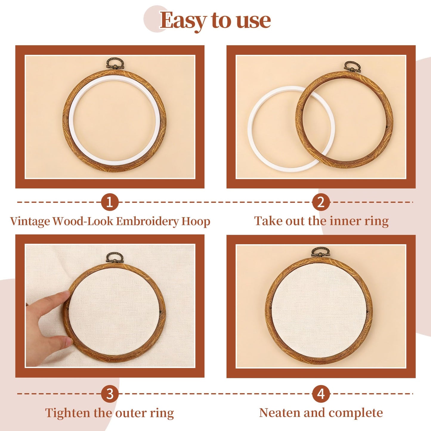 ZESHIHAOGUO 15 Pcs Round Embroidery Hoops - Rubber Ring Imitated Wood Frame Kits for Cross Stitch, DIY Craft, Sewing Projects Hanging Gifts (Brown, 8.27 Inch)