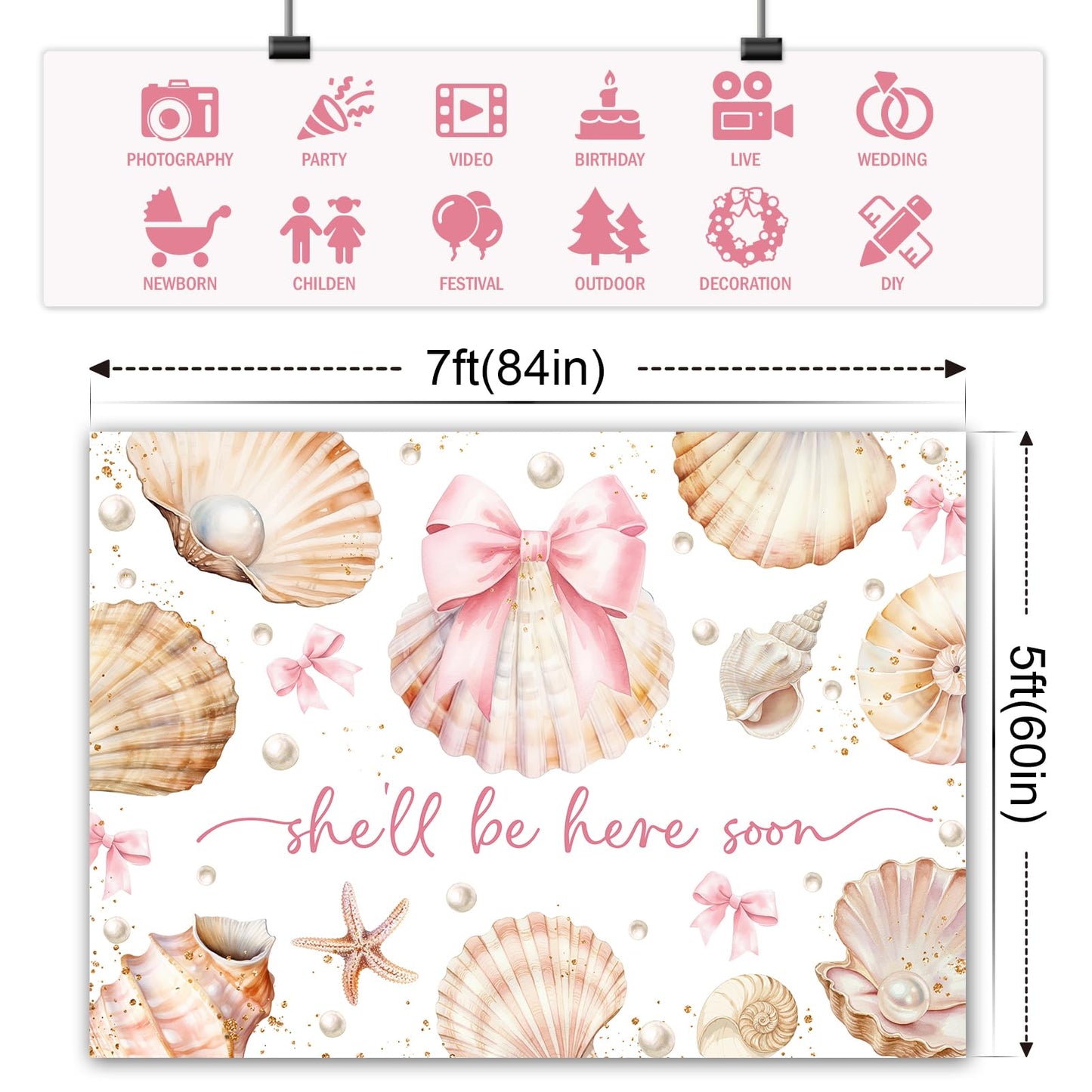 Bcuuipo Shell Themed Baby Shower Backdrop She'll Be Here Soon Pink Bowknot Pearl Seashell Photography Background for Girls Newborn Baby Shower Party Decoration Supplies Banner Photo Booth Props 7x5ft