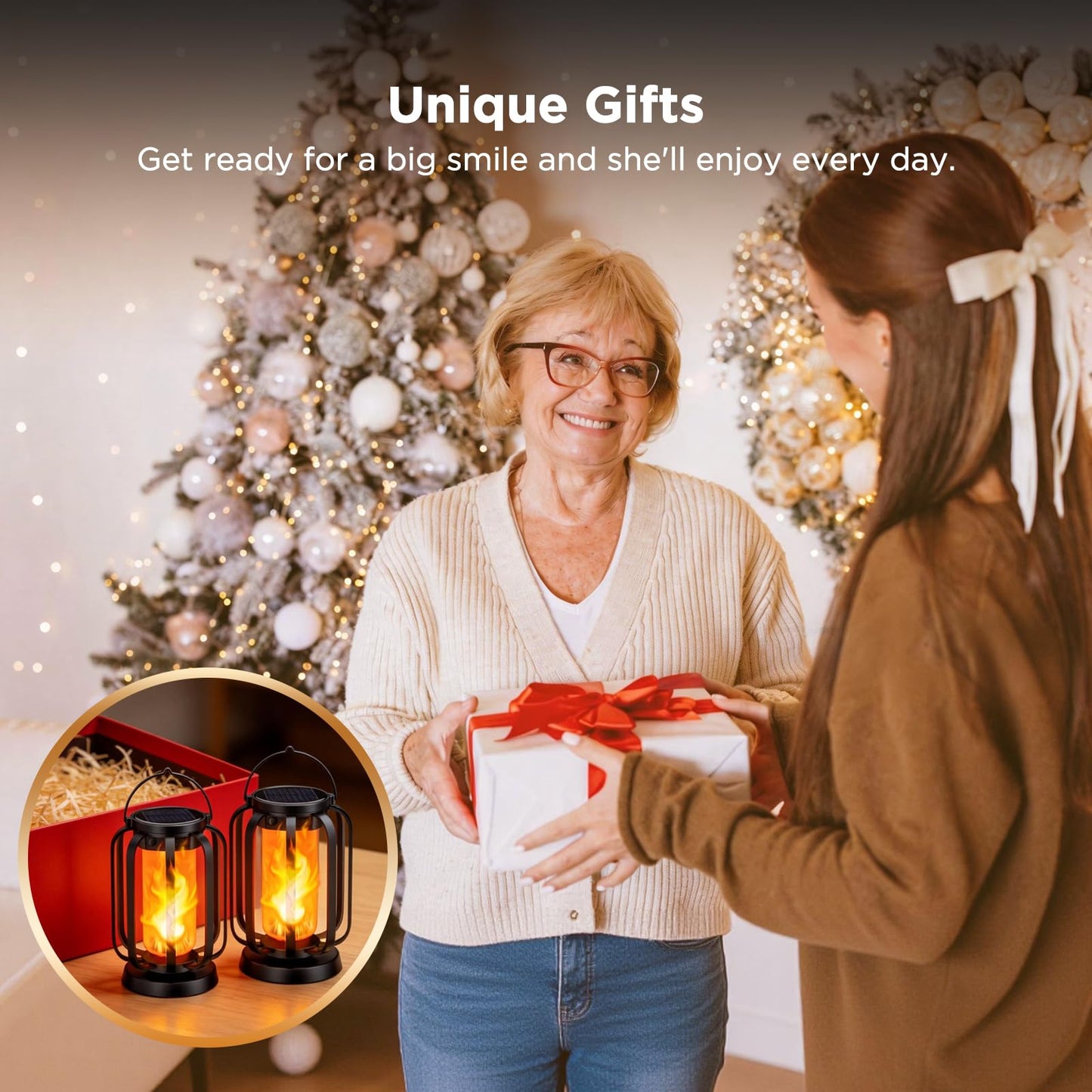 Hompavo Gen2 Solar Lanterns Outdoor Lights with Ultra-Real Flame, 2 Charging (USB/Solar) & 2 Modes - Waterproof Decorative Hanging/Table Lights for Pathway Yard Patio Garden Decor Gifts for Women, 2