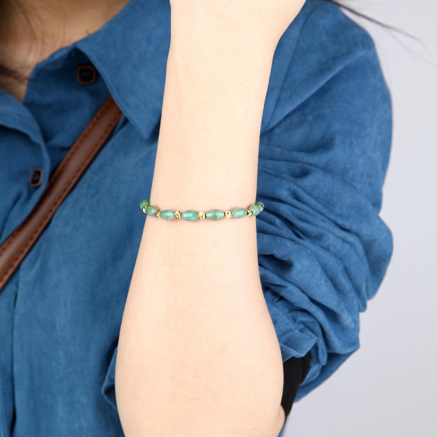 HL1971 Natural Jade Beaded Elastic Bracelet Gradient Green Jade Bead Ladies Bracelet, Suitable for Christmas, Thanksgiving
