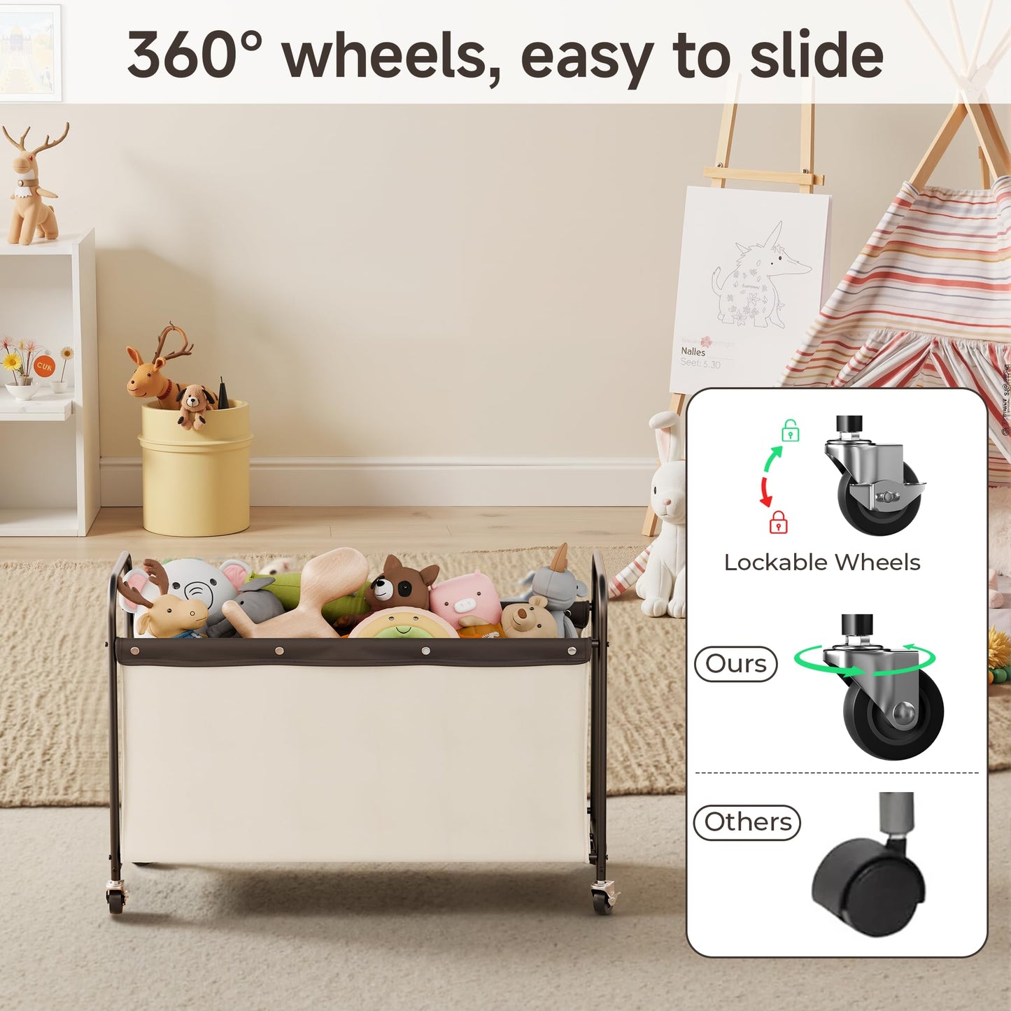 StorageWorks Toy Box with Wheels for Kids, 135L Large Toy Storage Chest and Organizer, 23" Metal Toybox with 360° Swivel Wheels for Bedroom, Kids Room, Stuffed Animal Storage, Beige