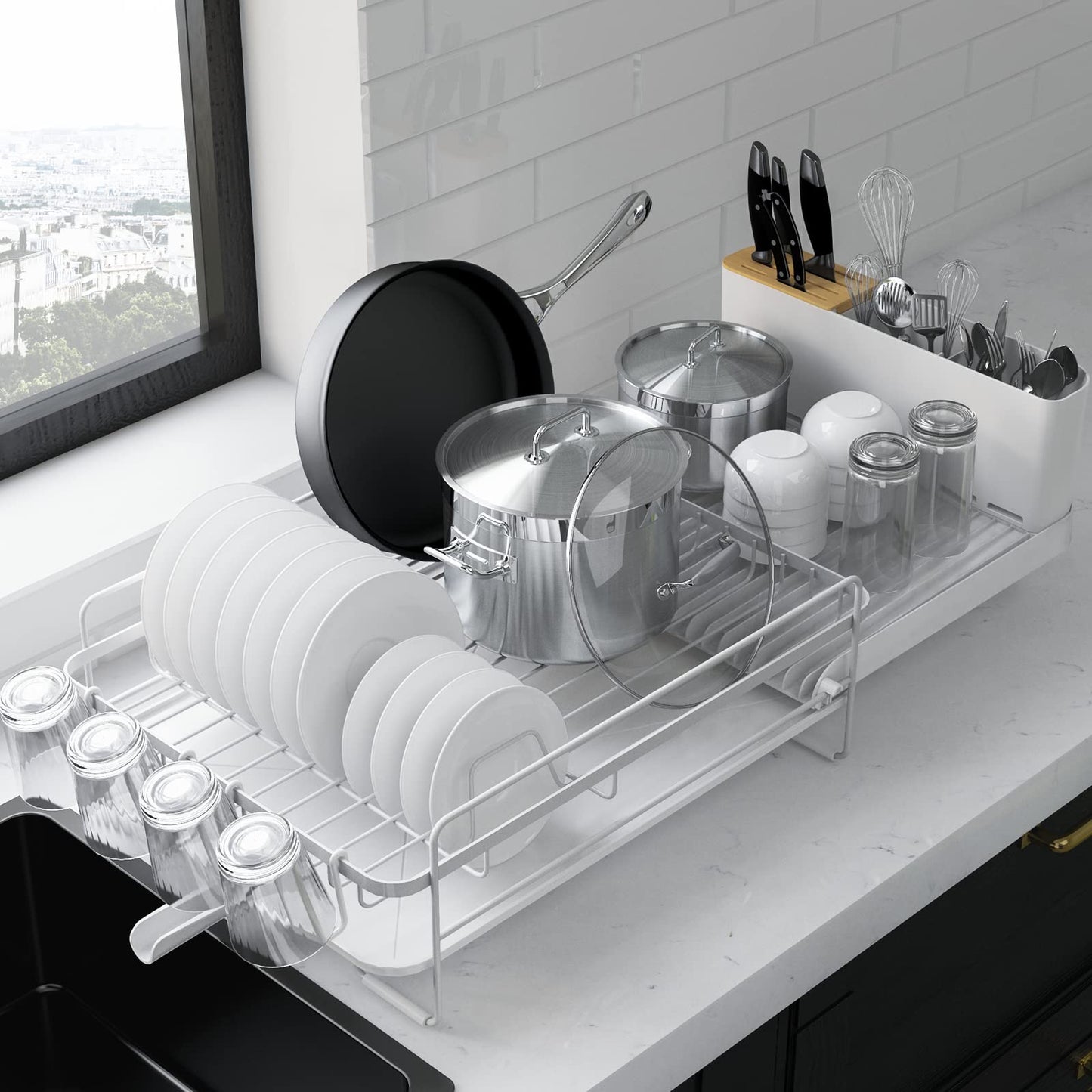 Kitsure Large Dish Drying Rack - Extendable Dish Rack, Multifunctional Dish Rack for Kitchen Counter, Anti-Rust Dish Drainers with Cutlery & Cup Holders 19.2"-26.7" L x 12.9" W, White