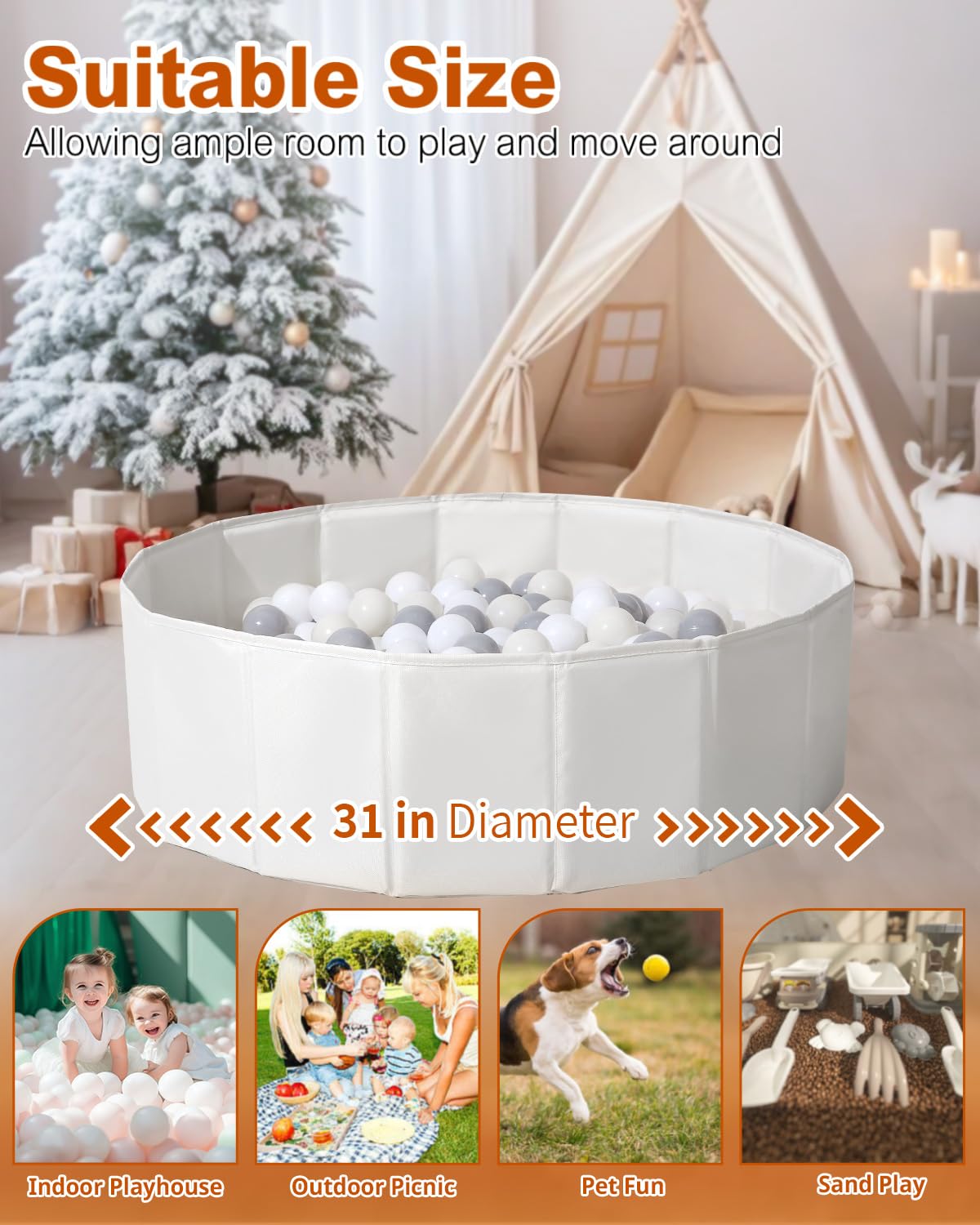White Kids Ball Pit, Children &Pet Toy Ball Play Pool, Unsexual Foldable Play Tent for Kids Girls Boys Dogs Indoor and Outdoor,Balls Not Included,31.5 Inch /2.62 Feet