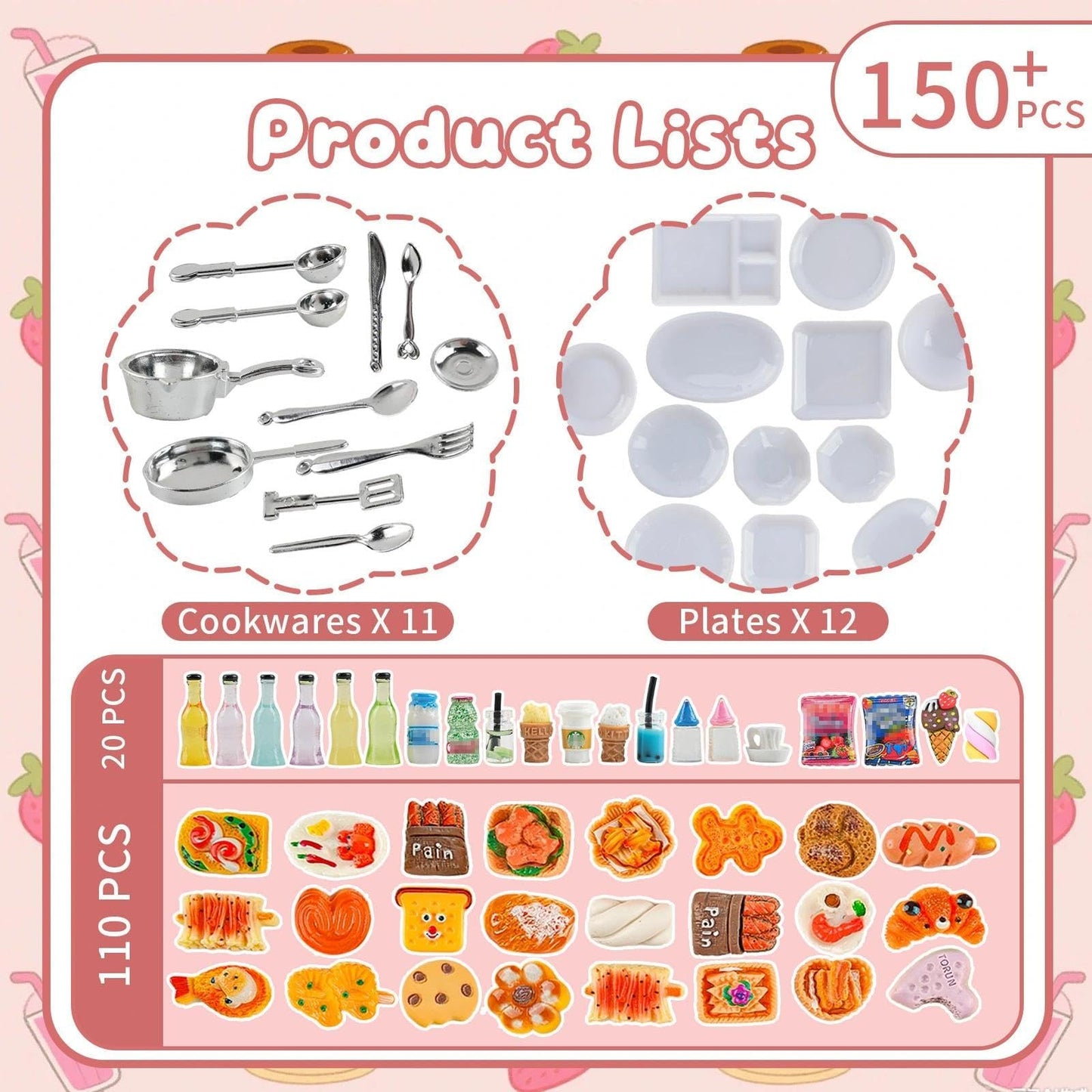 HKLMRO 150Pcs Miniature Food Drink Bottles Adults Dollhouse Soda Pop Cans Pretend Play Kitchen Cooking Game Party Accessories Toys Hamburger Cake Ice Cream Pizza Bread Tableware Doll House Landscape