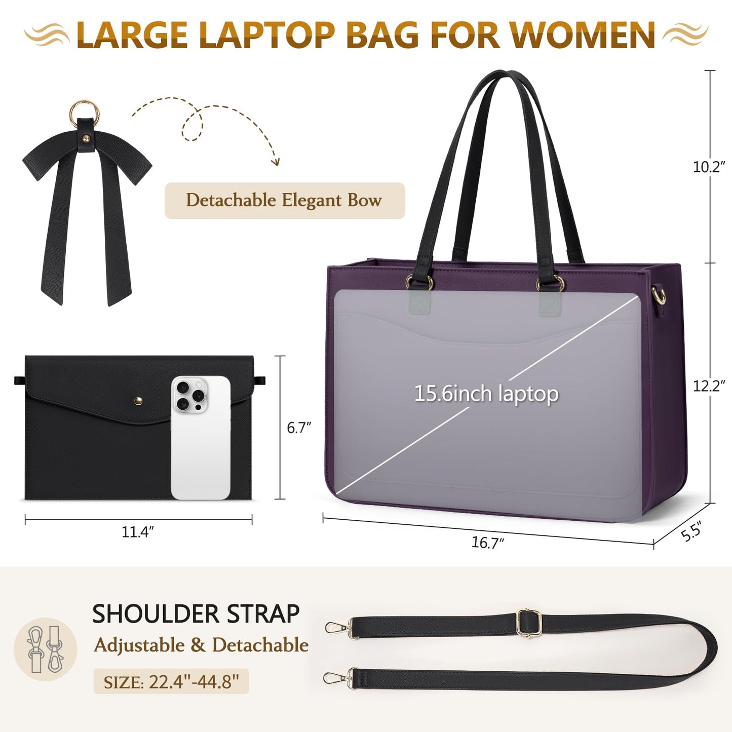 RAINSMORE Laptop Bag for Women 15.6 Inch Work Tote Bags Leather Laptop Tote Waterproof Computer Bag Professional Office Briefcase Large Handbag for College Teacher Travel,Purple and Black