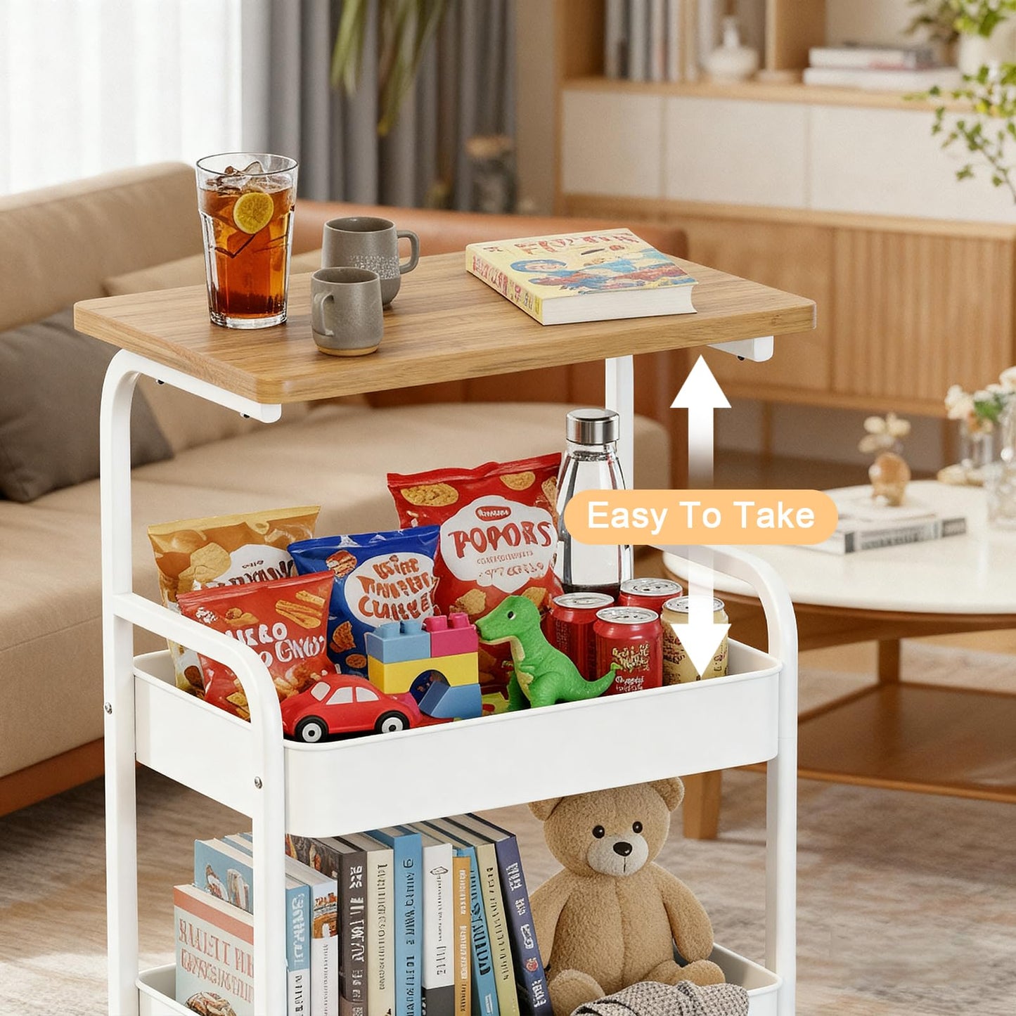 ULIKEUS Rolling Cart with Wooden Tabletop 3-Tier Metal Utility Rolling Cart Storage Organizer with Lockable Wheels for Kitchen, Office, Bedroom