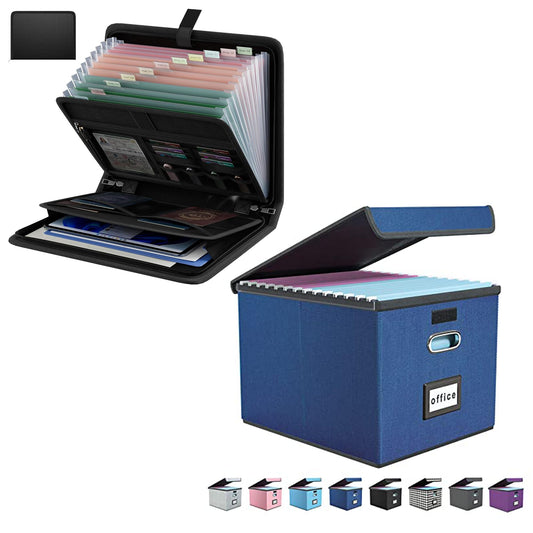 Huolewa Decorative File Organizer Box Office Document Storage with Lid,Black Document Organizer with 13 Pockets, File Organizer for Important Document/Paper Storage