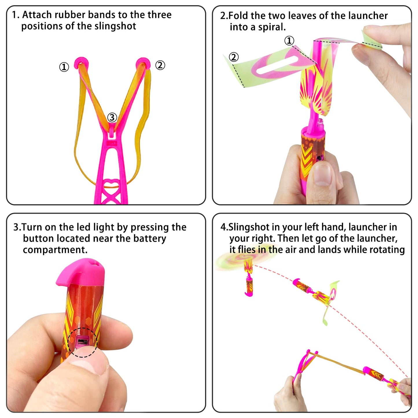 Ynybusi 50 Pcs Slingshot Flying Toys with Led Lights,25 Pcs LED Arrow Helicopters + 25 Pcs Launchers,Summer Outdoor Game Glow in The Dark Party Supplies Party Favors for Kids 4-8,8-12 Bulk Toys