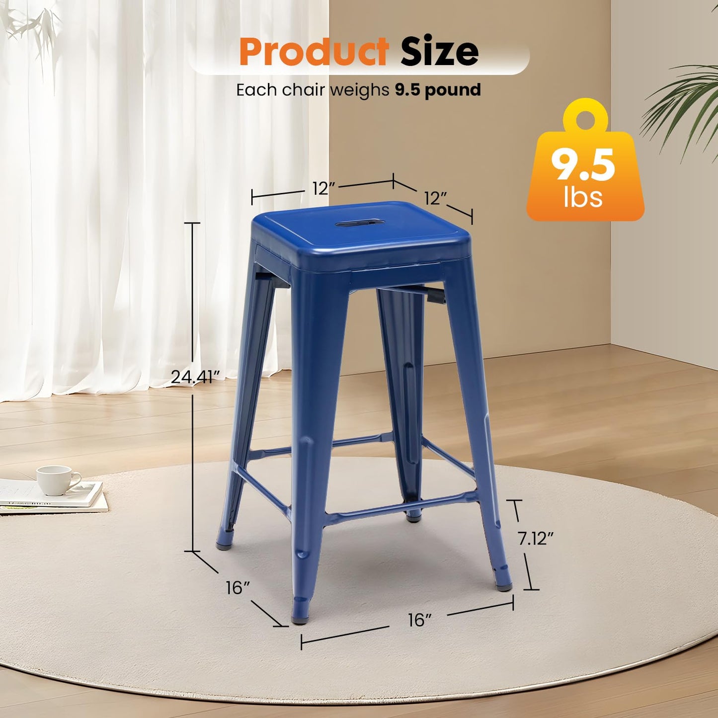 DUMOS Metal Bar Stools Set of 4, 24in Stackable Counter Height Bar Stools, Backless Restaurant Chairs for Kitchen Island, Indoor Outdoor Use, Classic Trattoria Barstools for Dining Room, Blue